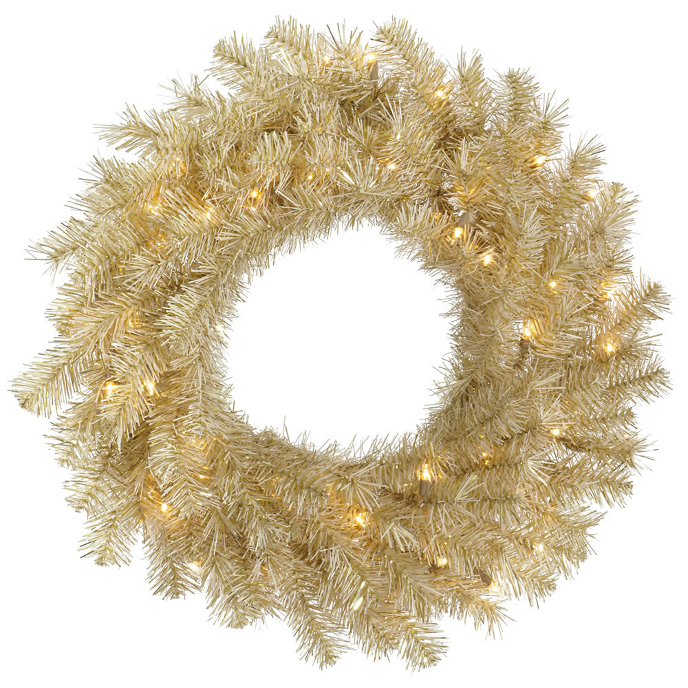 Vickerman 24″ White/Gold Tinsel Wreath 50WW LED - A148125LED