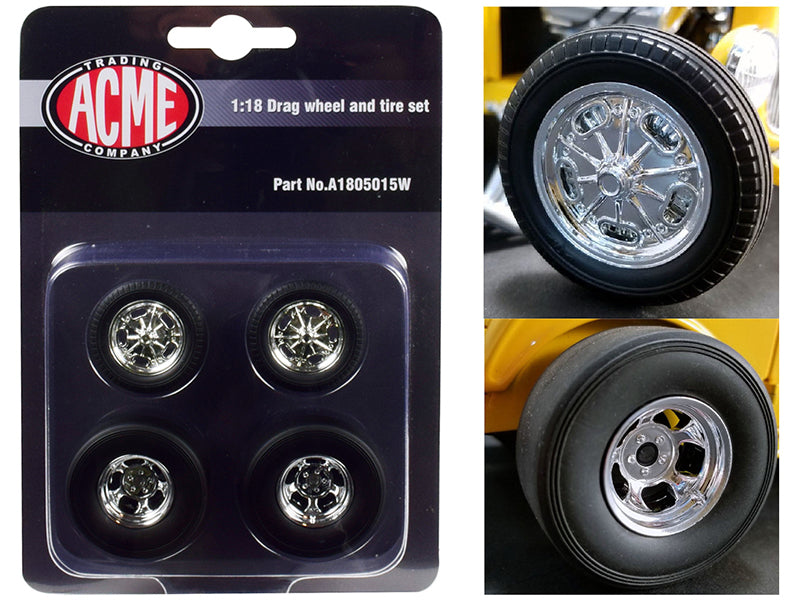 Chrome Drag Wheel And Tire Set Of 4 Pieces From '1932 Ford 3 Window' 1/18 By Acme