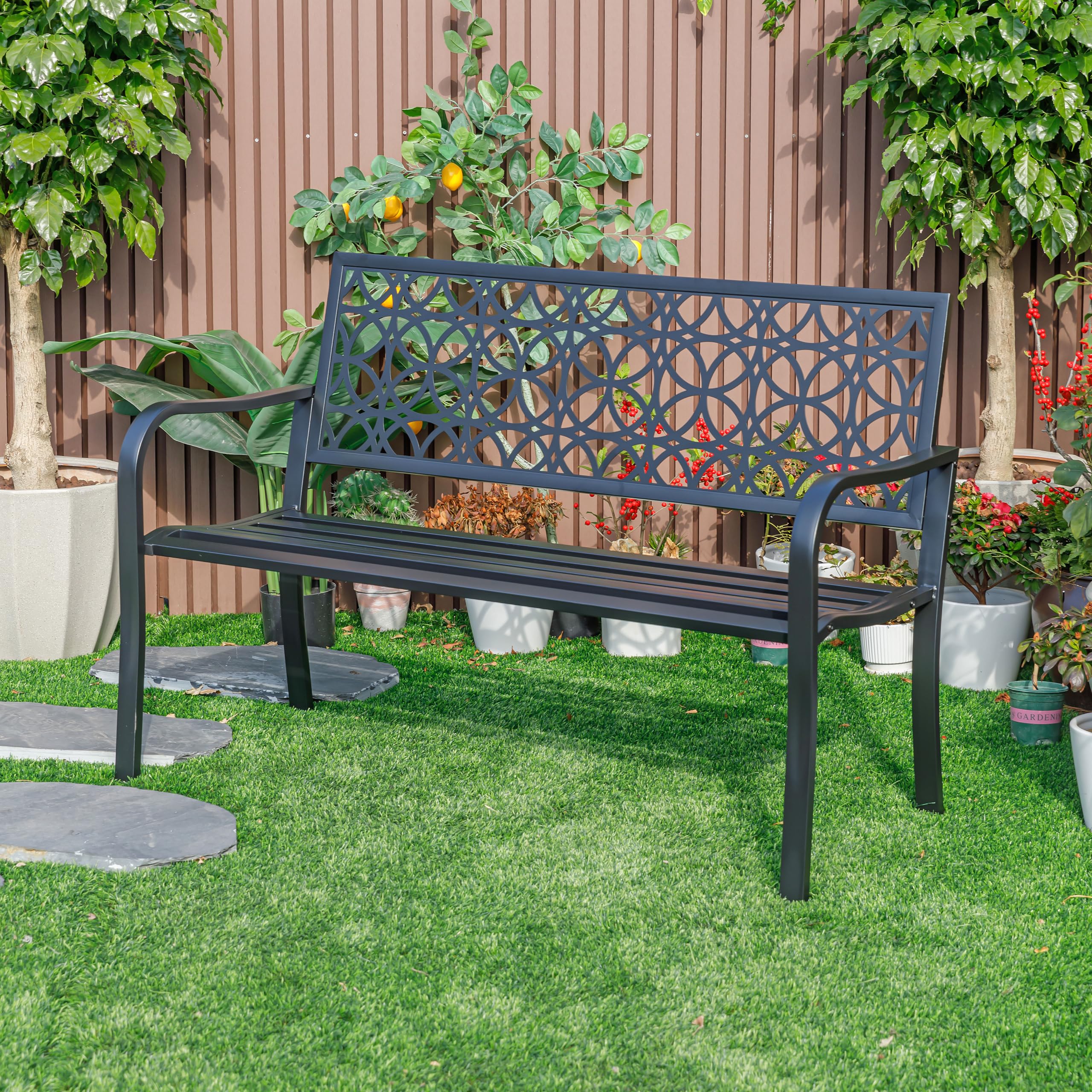 Hi-Line Gift Ltd 78660-B-BK Classic Noir- Black All-Steel Garden Bench for Timeless Appeal