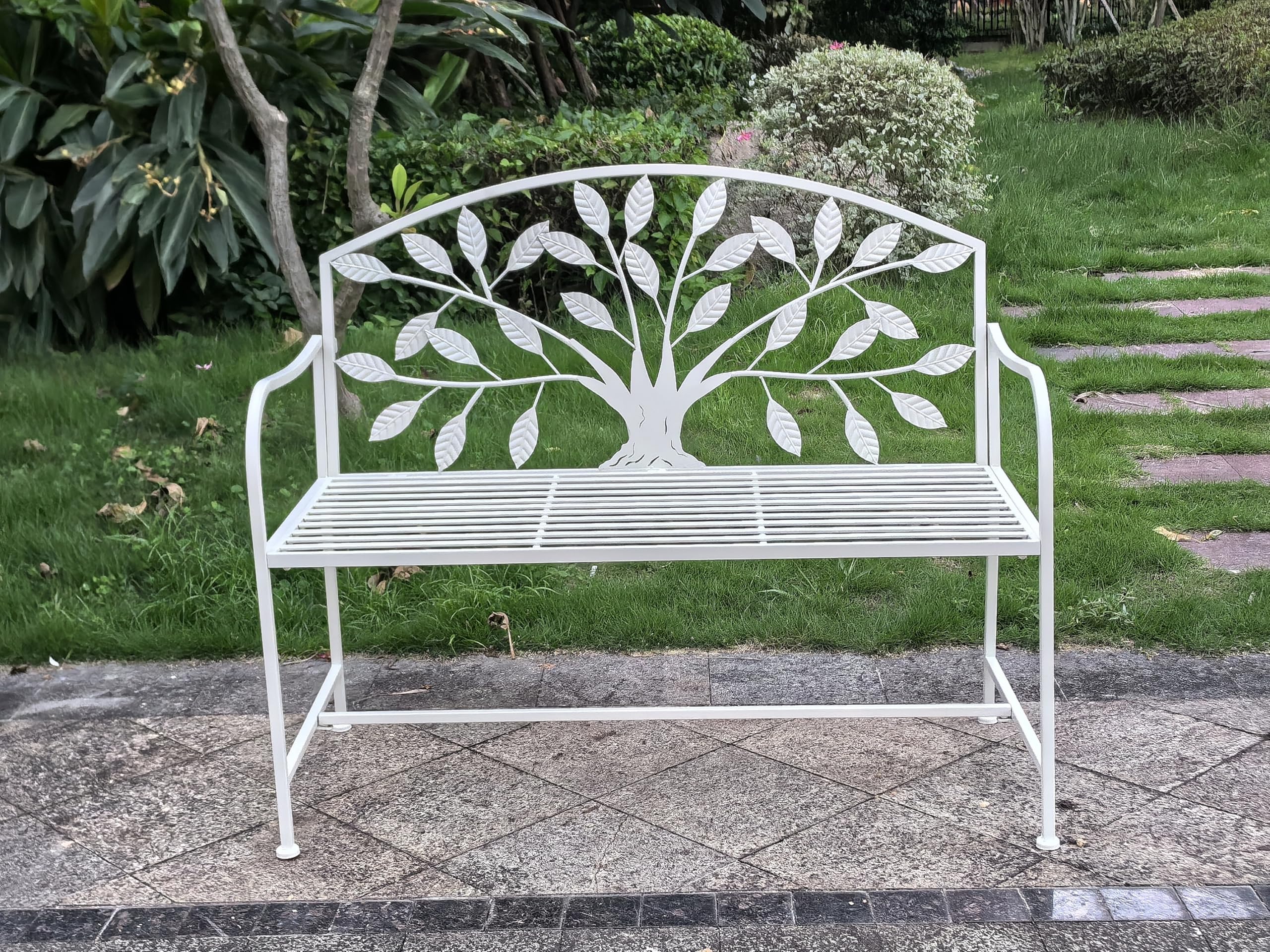 Hi-Line Gift Ltd 78683-CM Metal Garden Bench Tree Pattern-White
