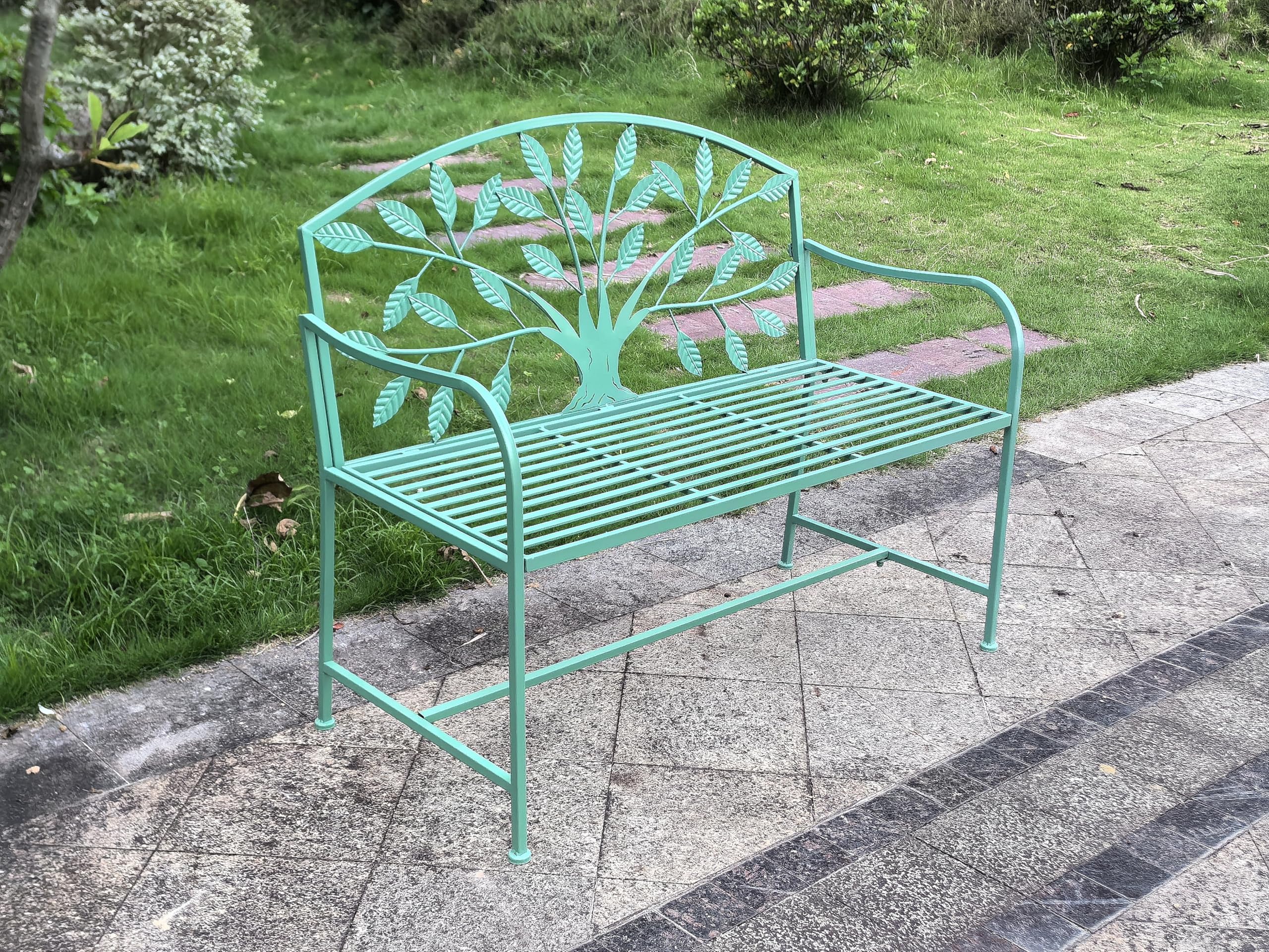 Hi-Line Gift Ltd 78683-BG Blue Metal Garden Bench Tree Pattern