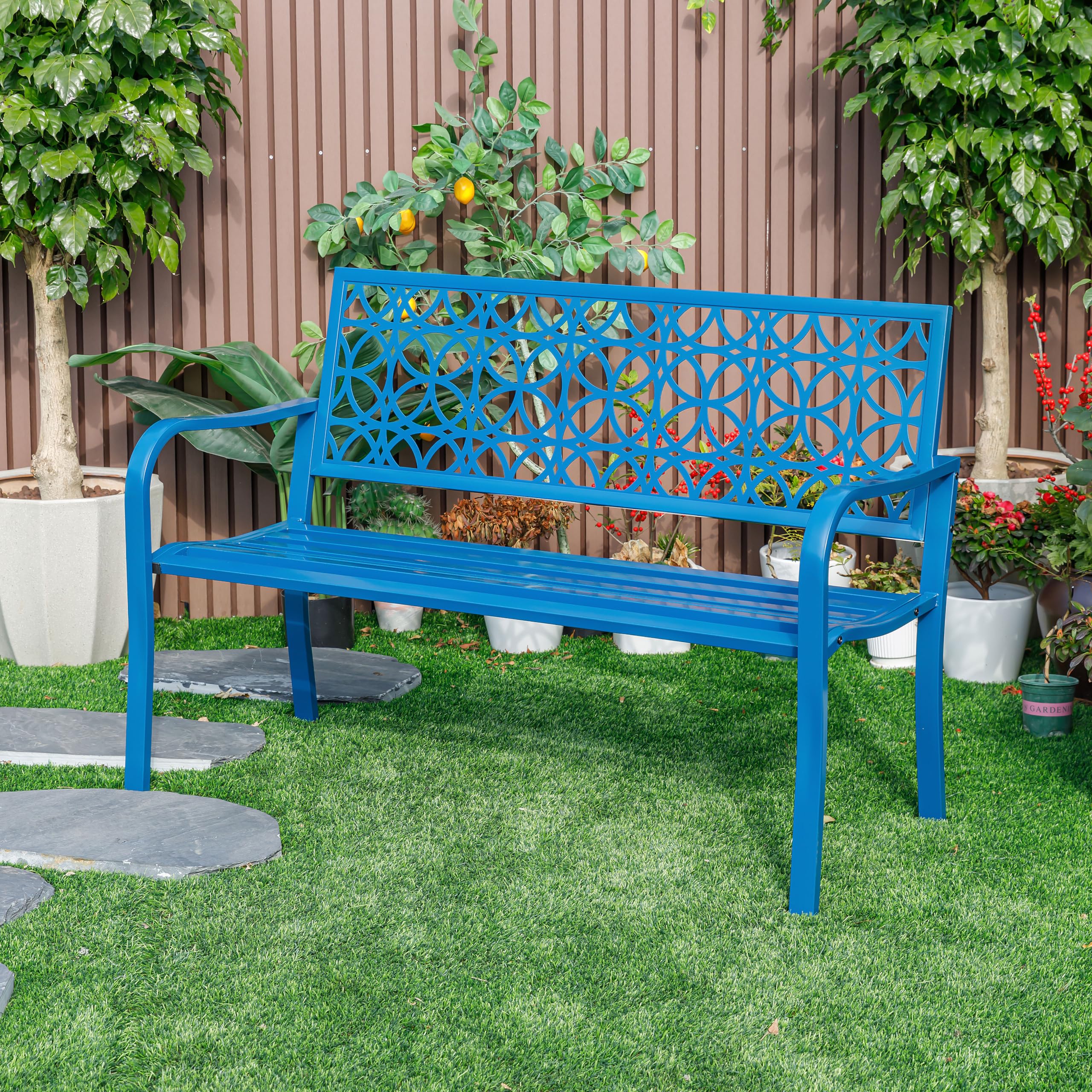 Hi-Line Gift Ltd 78660-B-BL Blue Lagoon Escape- All-Steel Garden Bench for Tranquil Moments