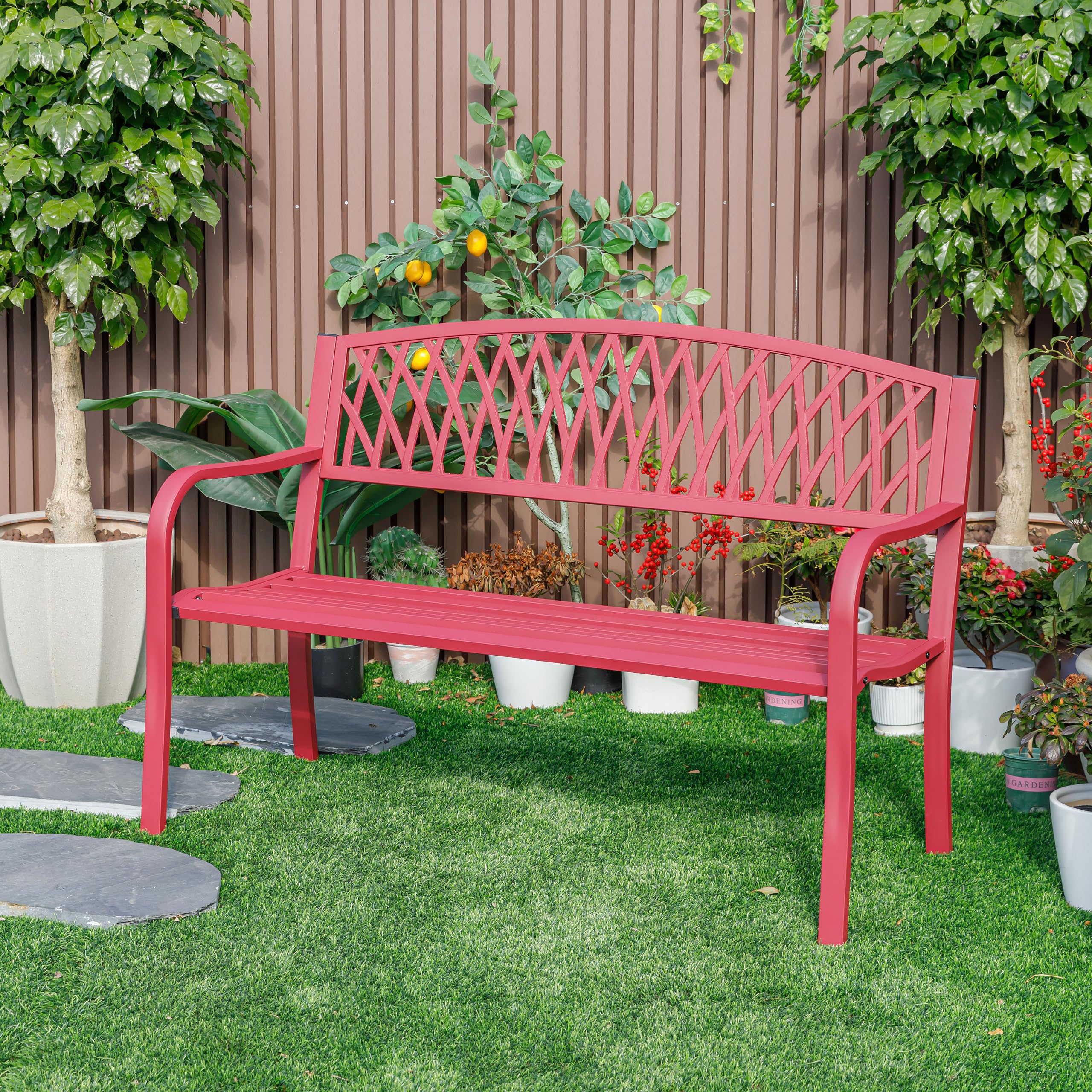Hi-Line Gift Ltd 78661-C-RD Passionate Red Reverie- Steel and Cast Iron Garden Bench