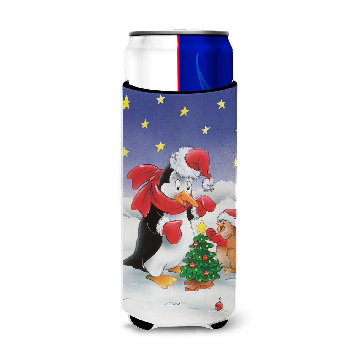 Caroline'S Treasures Penguin And Robin With Christmas Tree Michelob Ultra Koozies For Slim Cans, Multicolor