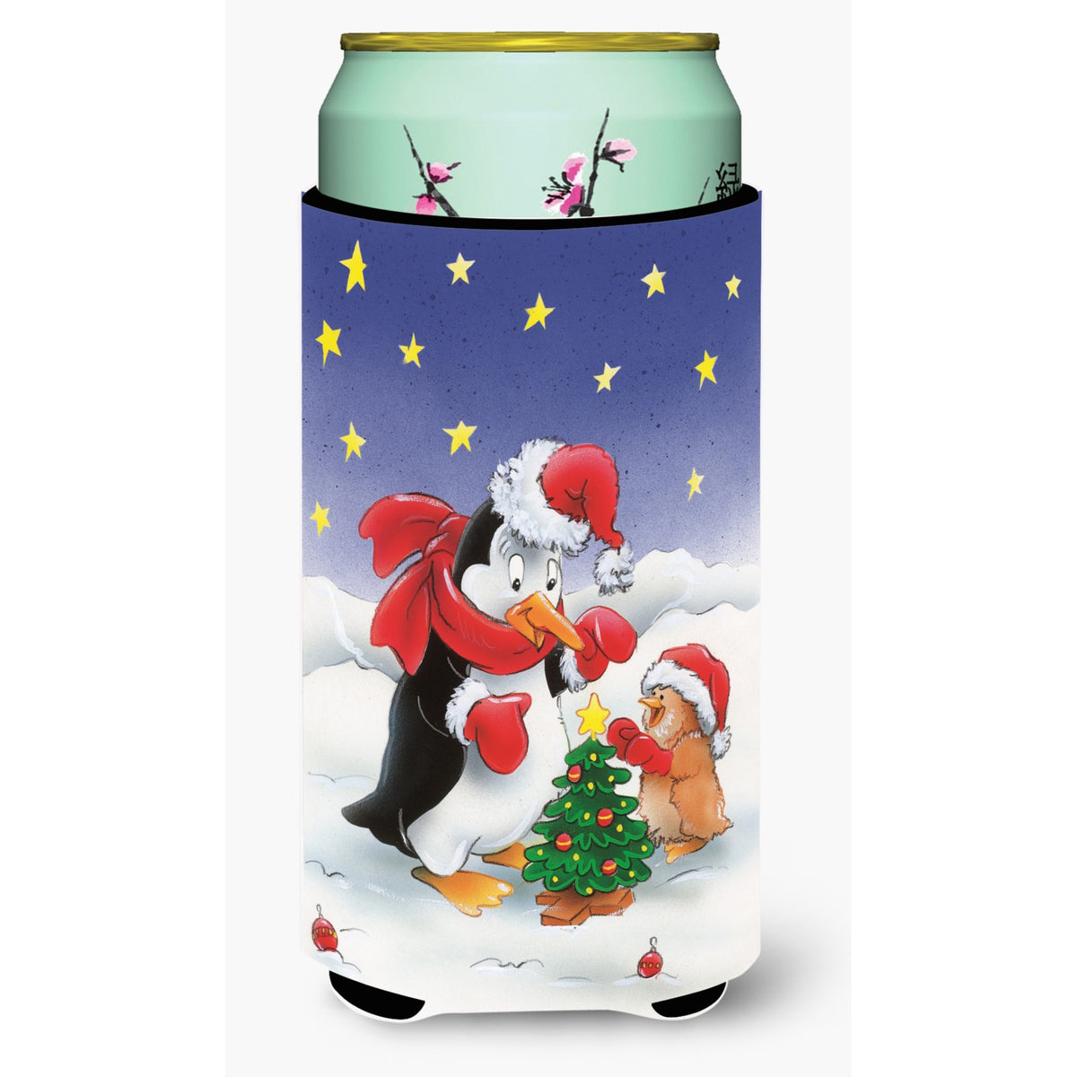 Caroline'S Treasures Penguin And Robin With Christmas Tree Tall Boy Koozie Hugger, Multicolor