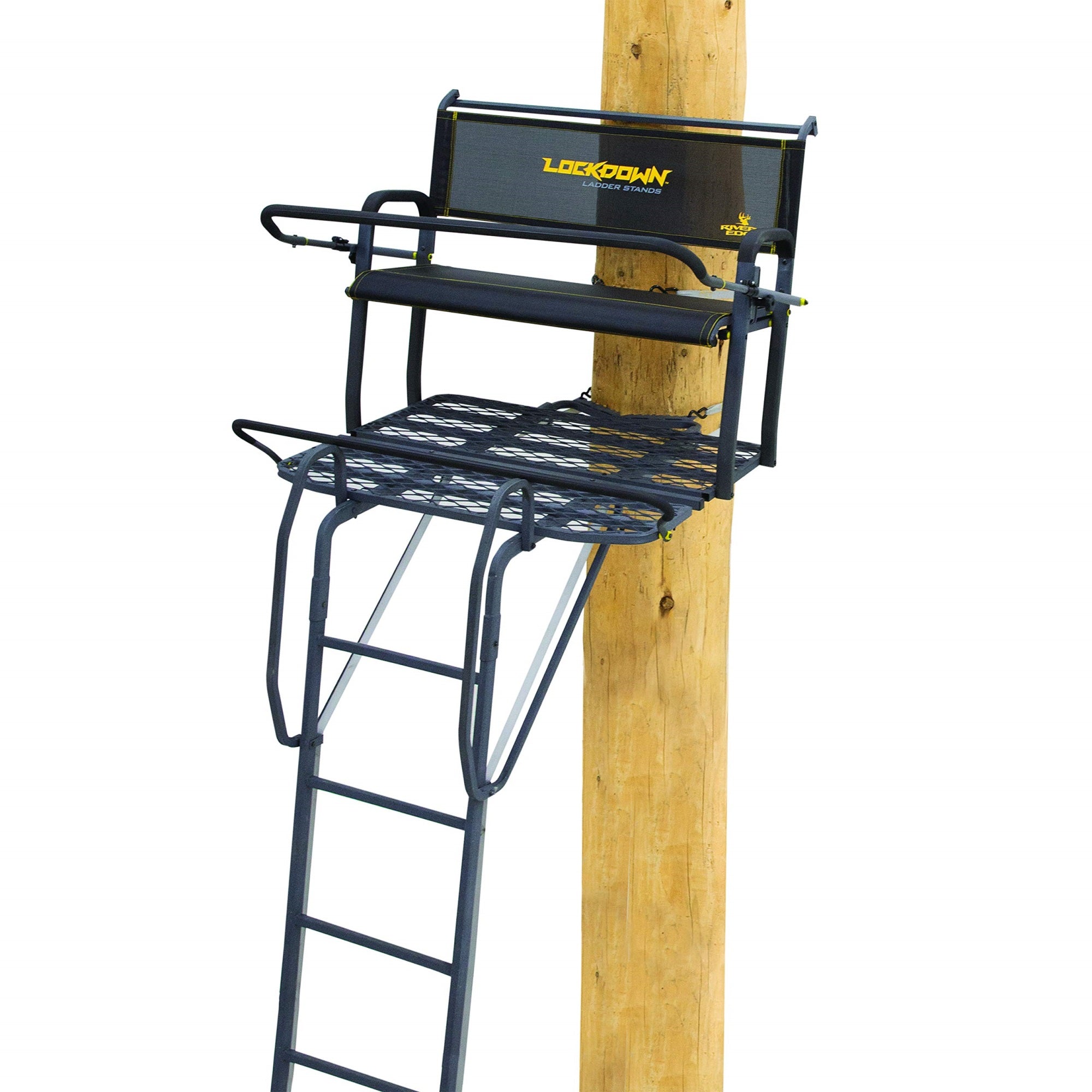 Rivers Edge Lockdown 2-Man, 17' Height, Flip-Up Teartuff Mesh Bench Seat, The Ultimate Shooting Rail, Patent-Pending Ground-Level Ratcheting Technology, Ld203,Gray