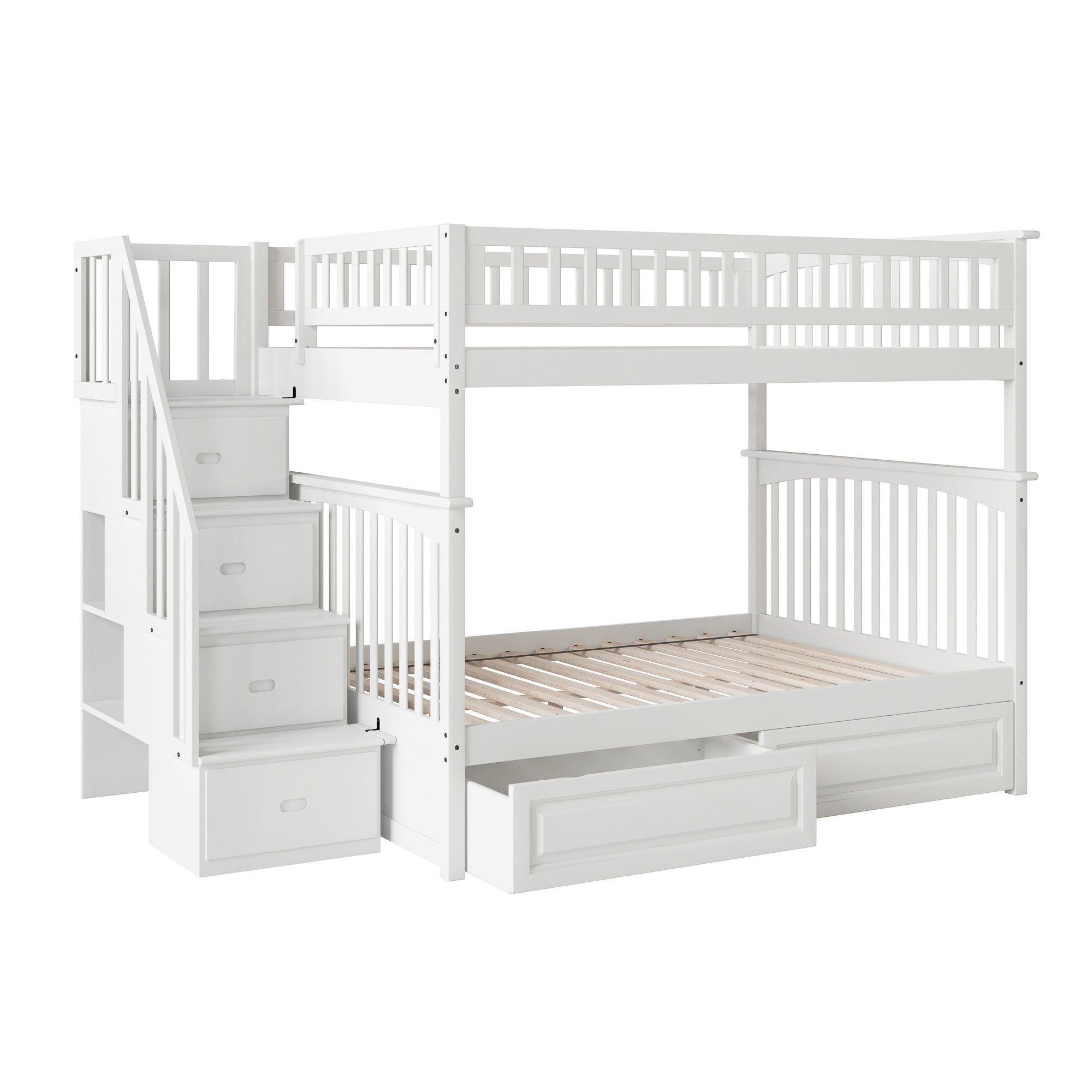 Columbia Full over Full Solid Wood Staircase Bunk Bed with 2 Raised Panel Storage Drawers in White