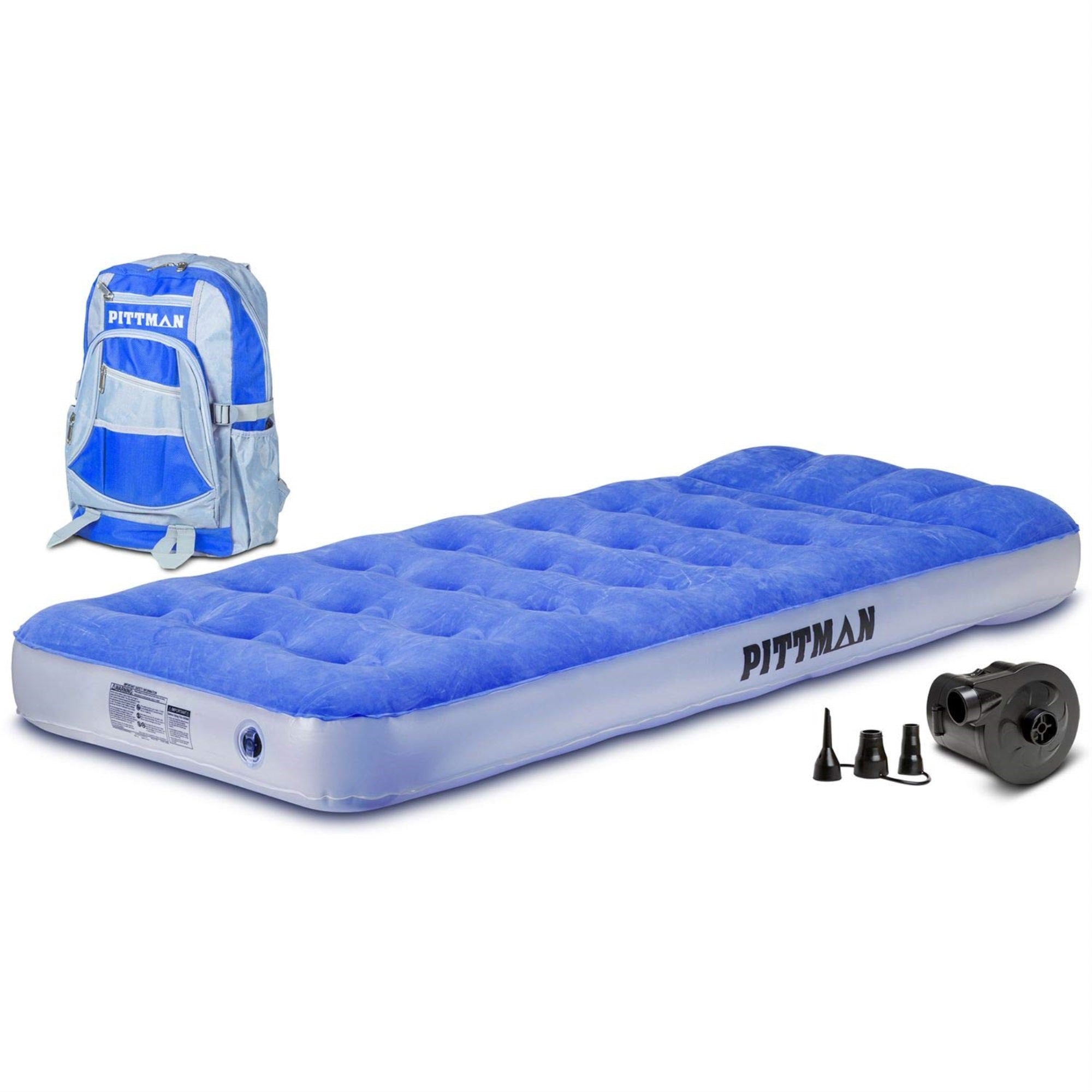 Pittman Outdoors - Kids Air Mattress - Blue Deluxe Blow Up Twin Air Mattress For Kids - Inflatable Mattress Includes Electric Pump, Patch Kit & Color Matching Travel Backpack