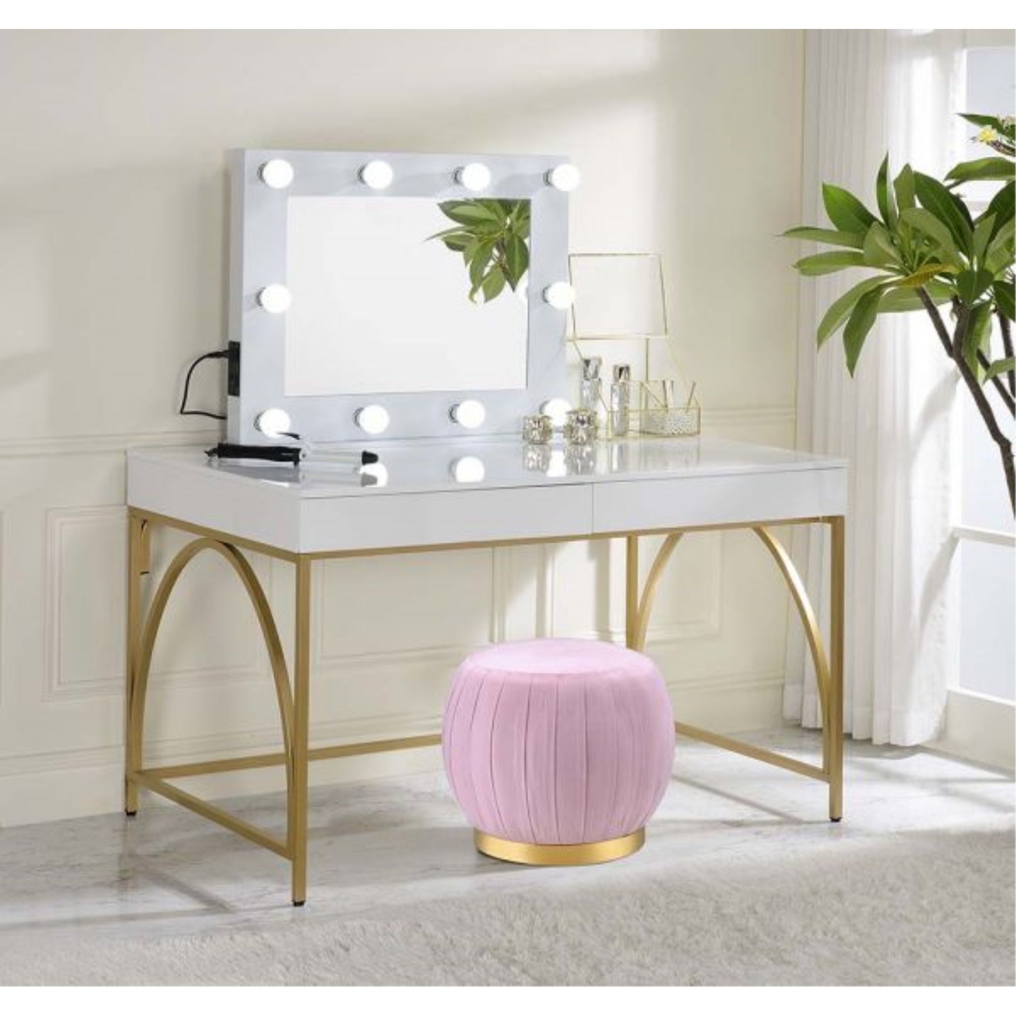 AC00900 Vanity Desk , White High Gloss & Gold Finish - Lightmane ( 1Pc/1Ctn )