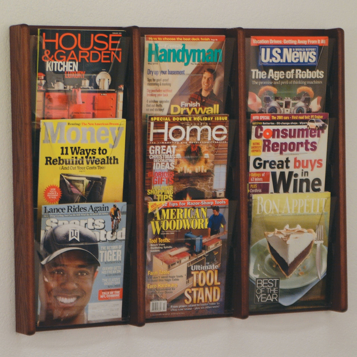 Wooden Mallet Stance 9 Pocket Wall Display, 3Wx3H, Mahogany
