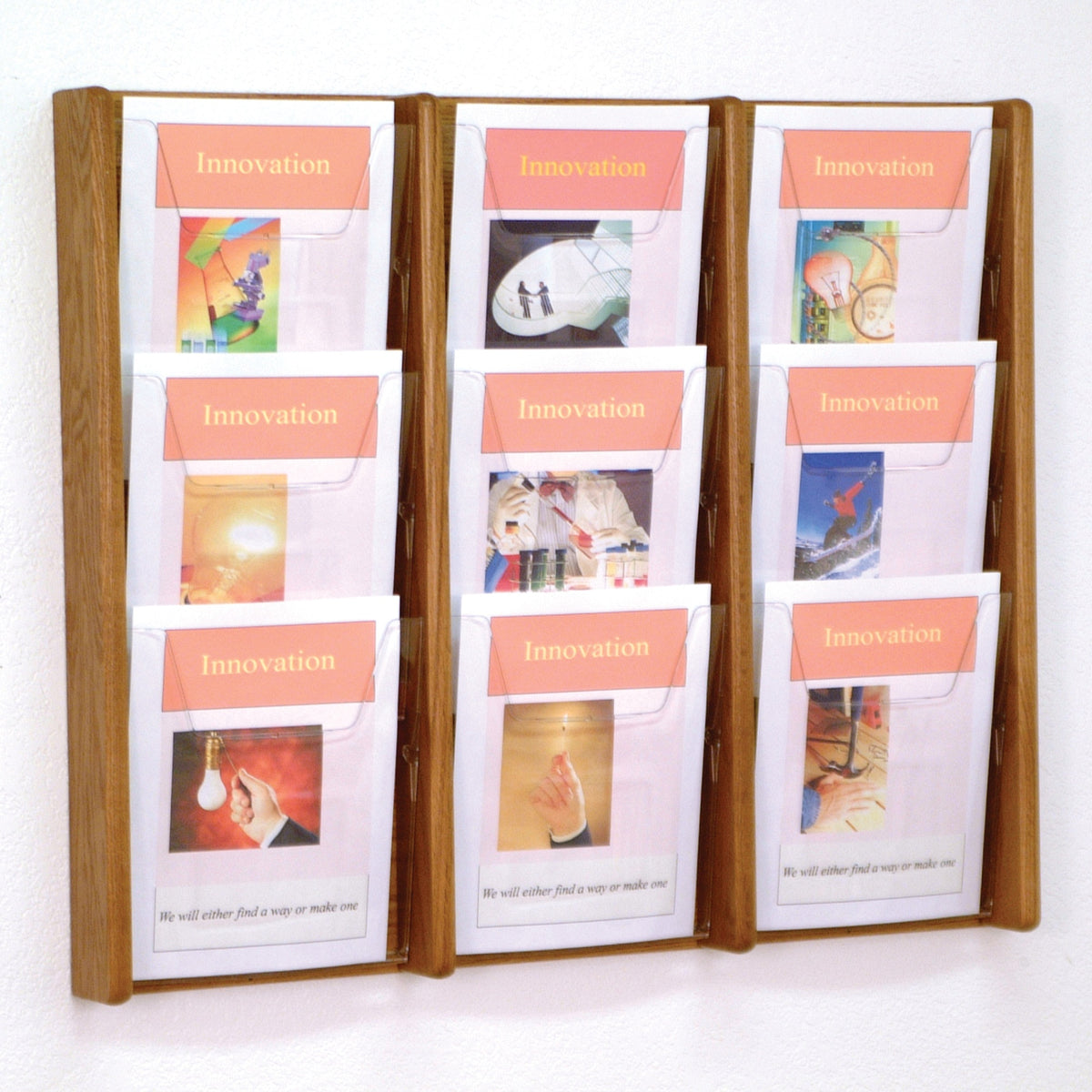 Wooden Mallet Stance 9 Pocket Wall Display, 3Wx3H, Medium Oak