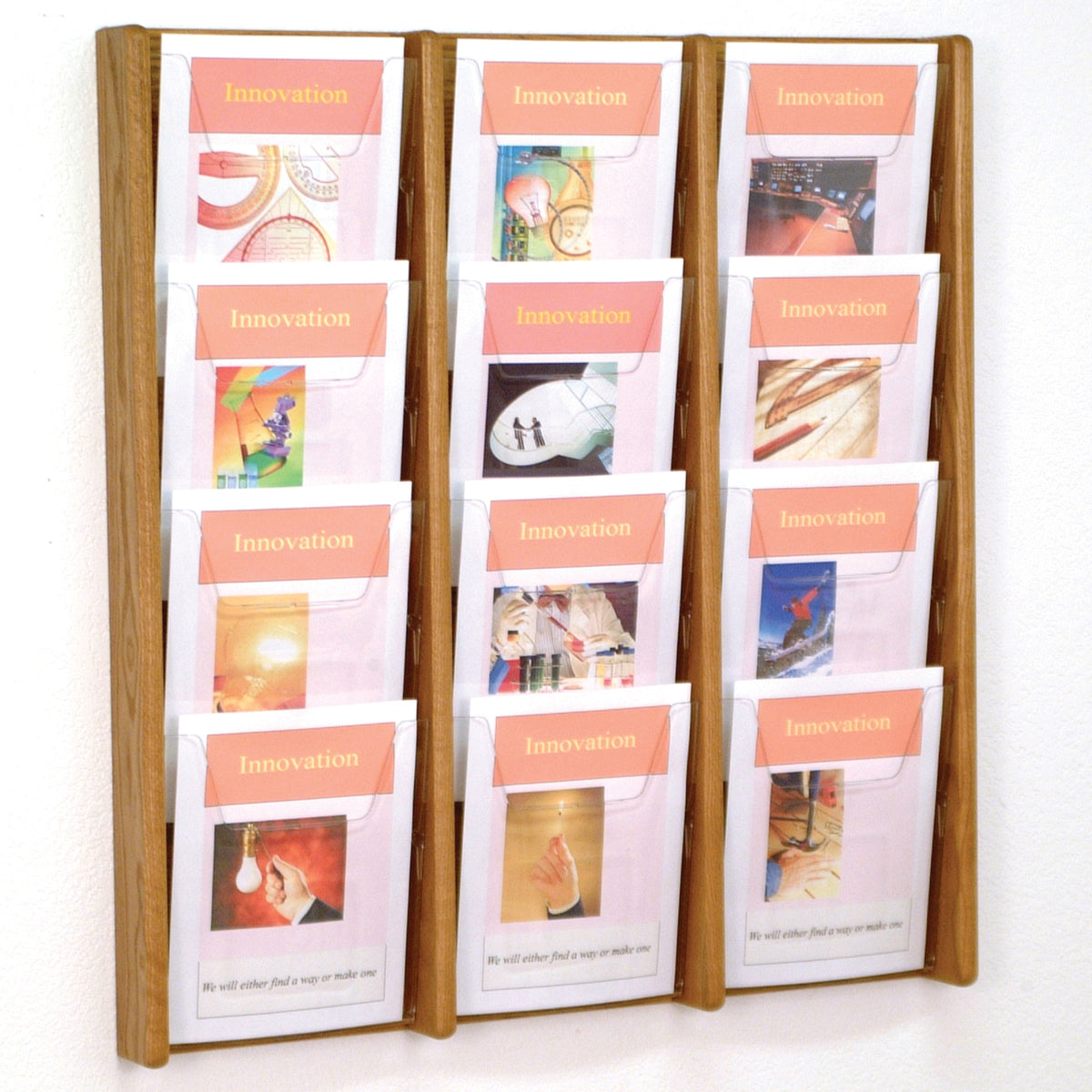Wooden Mallet Stance 12 Pocket Wall Display, 3Wx4H, Medium Oak