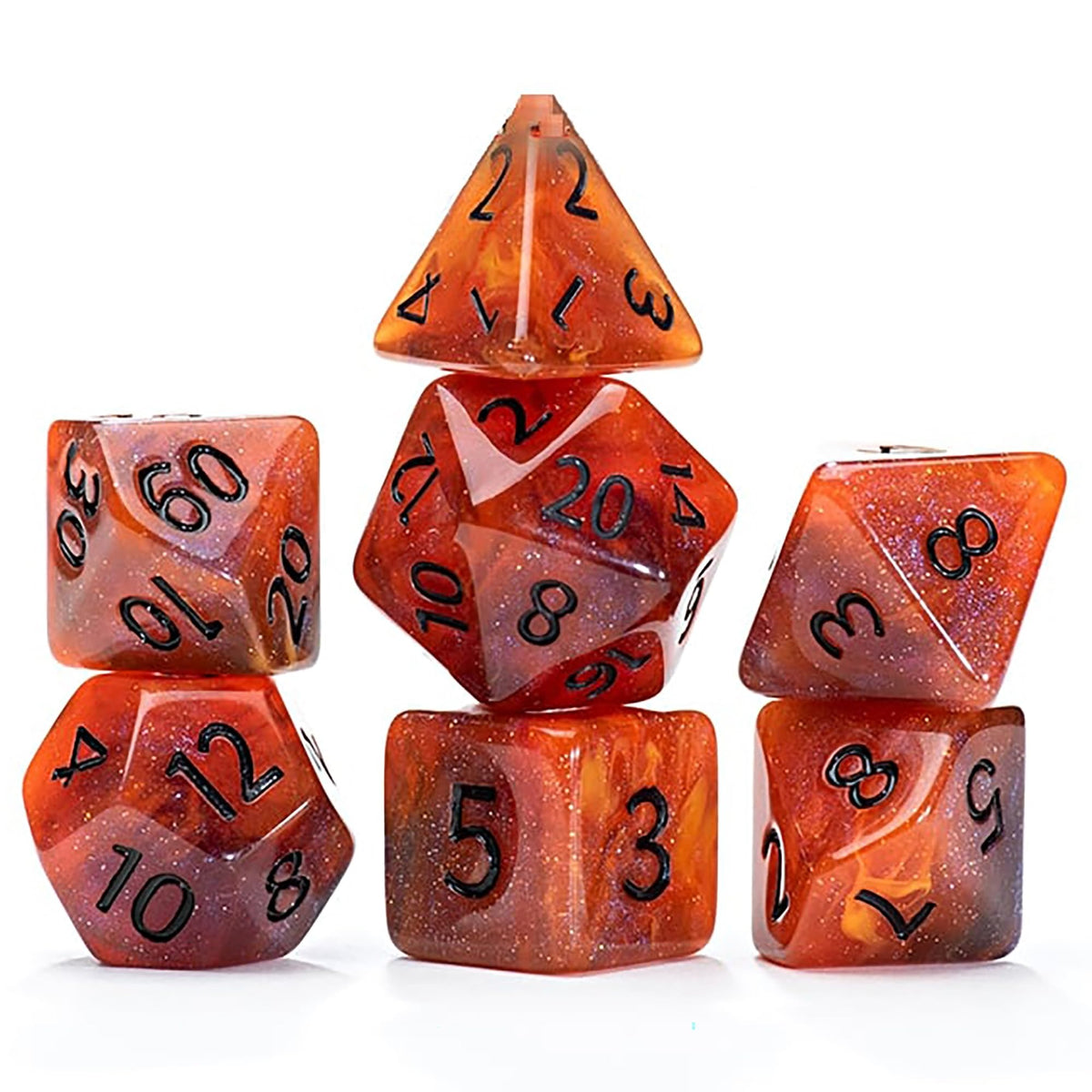 Gate Keeper Games And Dice: Aether Dice: Fireball - 7Pc Rpg Set, Orange, Smoke & Red Swirled W/ Holographic Glitter, Resin Dice For Role Playing Games