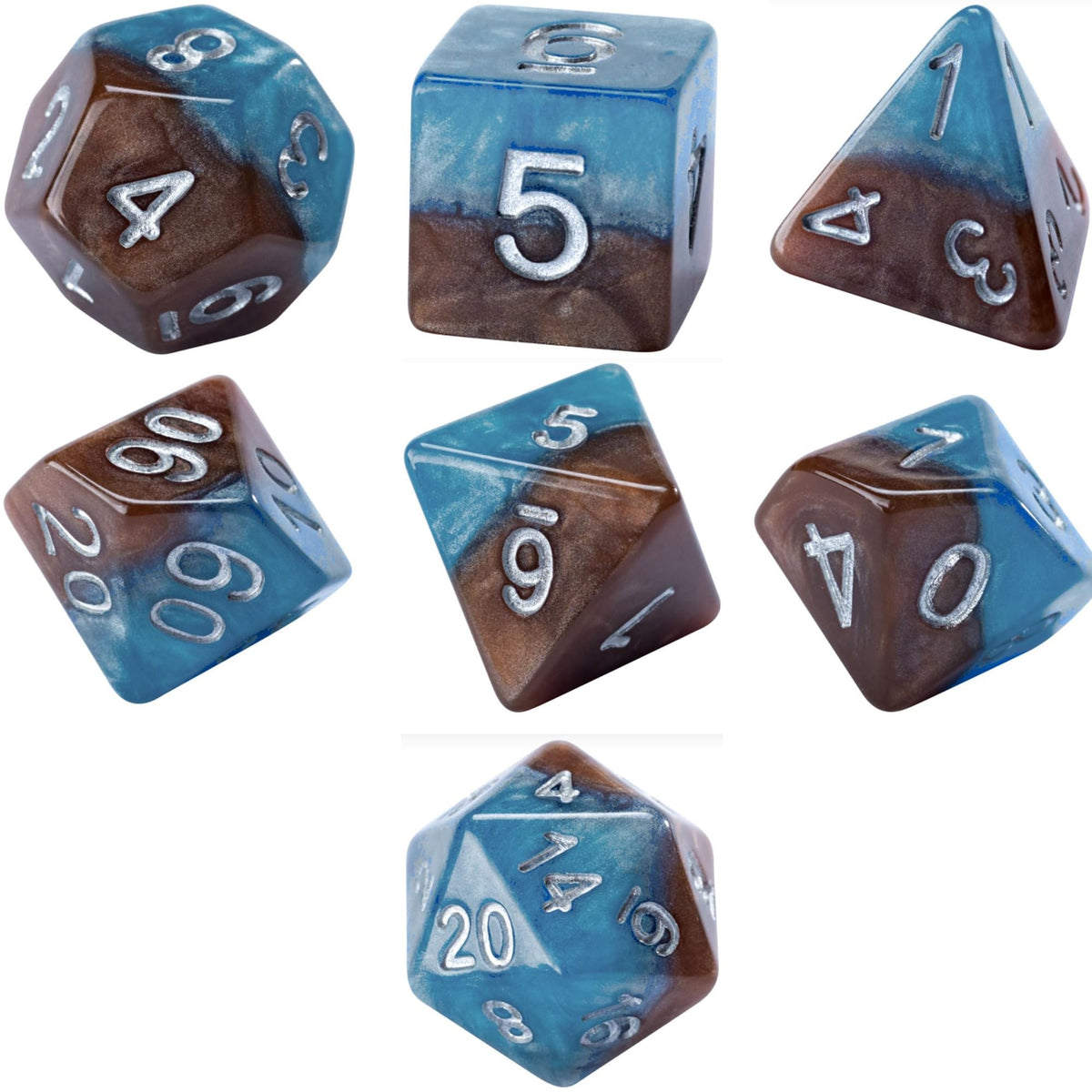 Gate Keeper Games And Dice: Halfsies Dice: Earth Elemental - 7Pc Set, Cerulean Blue & Brown, Pearlescent Swirl, 7 Resin Dice For Role Playing Games