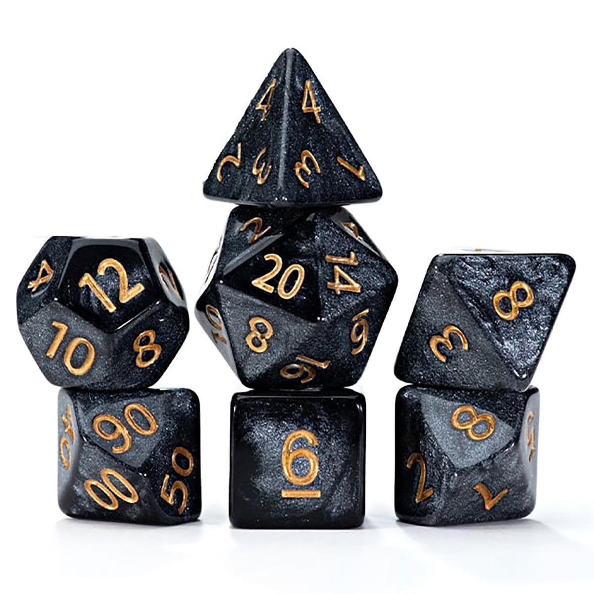 Gate Keeper Games And Dice: Mercurial Dice: Black Hole - 7Pc Rpg Set, Deep Shimmering Black Resin & Gold Numerals, Resin Dice For Role Playing Games