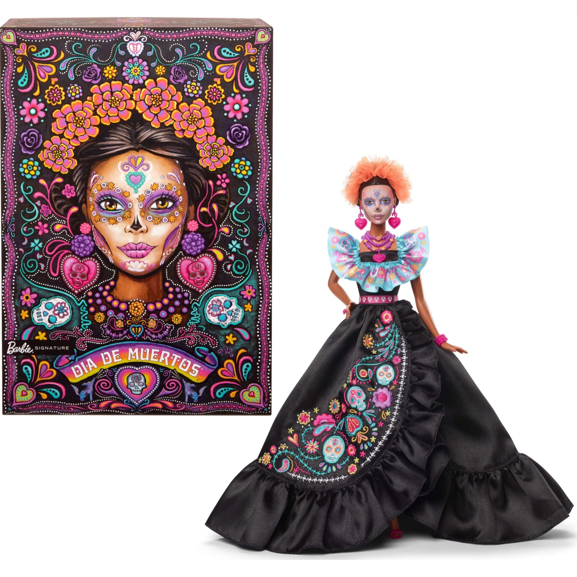Barbie Signature Doll, 2024 Da De Muertos Collectible In Black Dress With Blue Ruffle Top, Embroidered Print, And Colorful Accessories