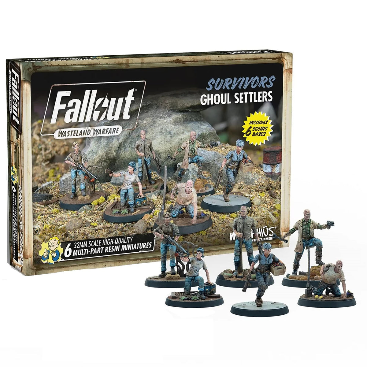 Modiphius Entertainment Fallout Wasteland Warfare: Survivors - Ghoul Settlers (The Slog) - 6 Unpainted Resin Miniatures, Includes Scenic Bases, 32Mm Scale Figures, Roleplaying Game Minifigures