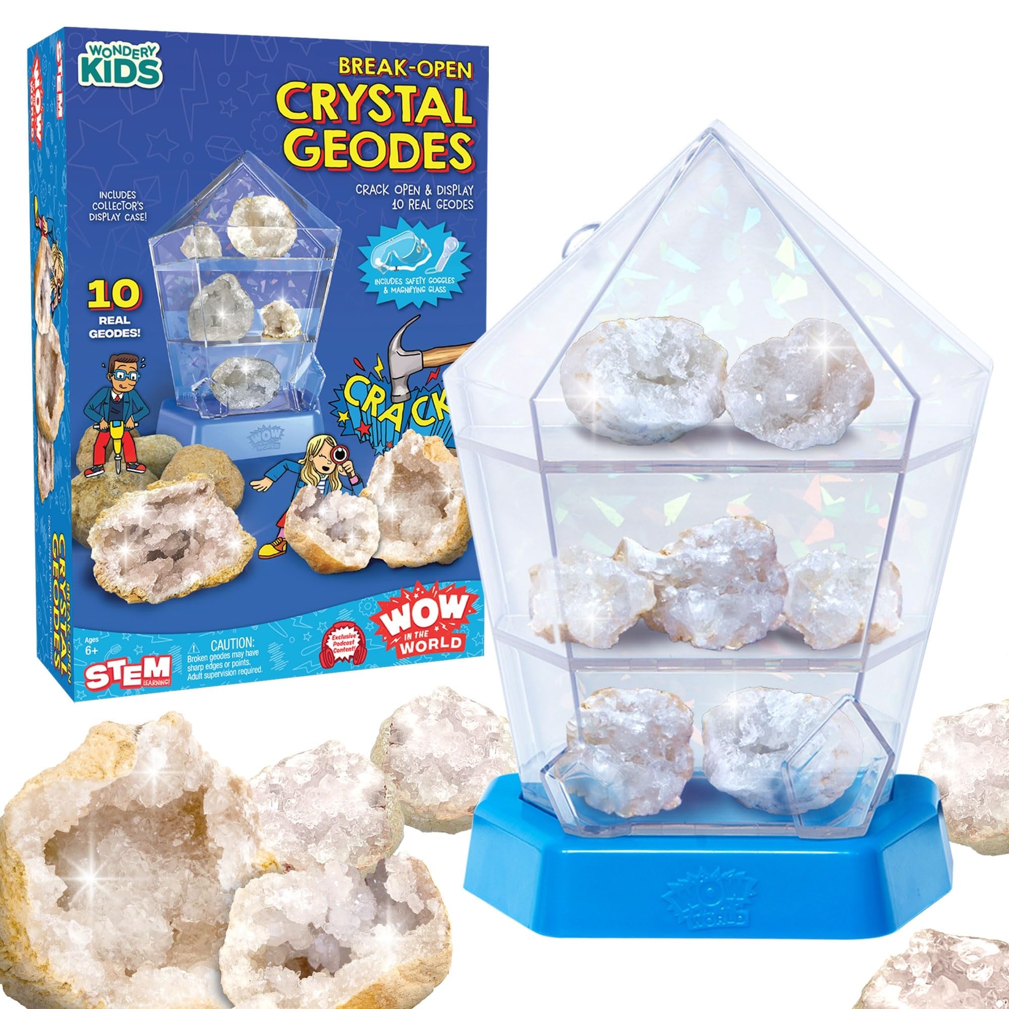 Wow in The World  10 Real Break-Open Crystal Geodes with Display Case  Bonus Goggles & Magnifying Glass, Companion Audio Content, STEM Toy for Boys & Girls 6+ by Thames & Kosmos