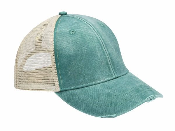 OL102 | OLLIE- Pigment dyed, garment washed, cotton, twill, six panel, structured, mid-crown trucker cap with nylon mesh back panels, distressed visor and snap back. - FOREST / TAN