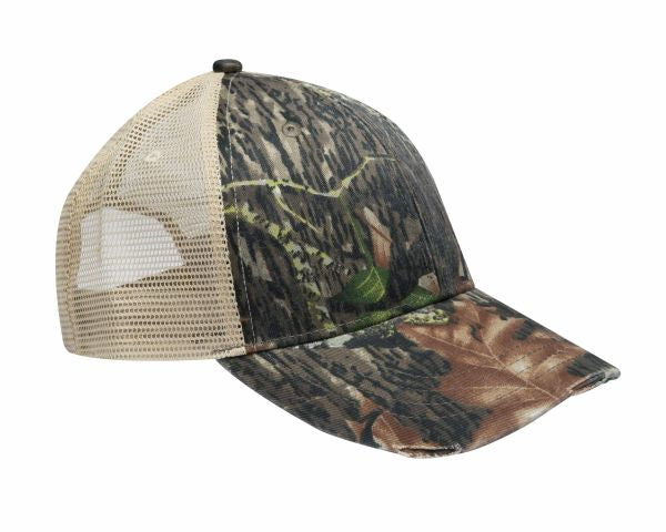 OL102 | OLLIE- Pigment dyed, garment washed, cotton, twill, six panel, structured, mid-crown trucker cap with nylon mesh back panels, distressed visor and snap back. - HARDWOODS CAMO