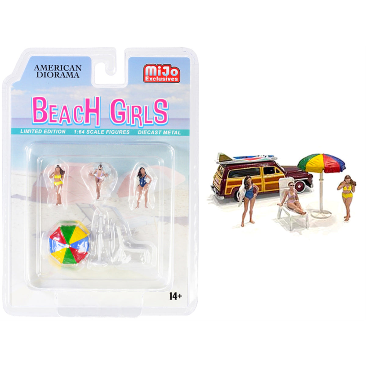 Beach Girls' 5 Piece Diecast Set (3 Figurines 1 Beach Chaise And 1 Beach Umbrella) For 1/64 Scale Models By American Diorama