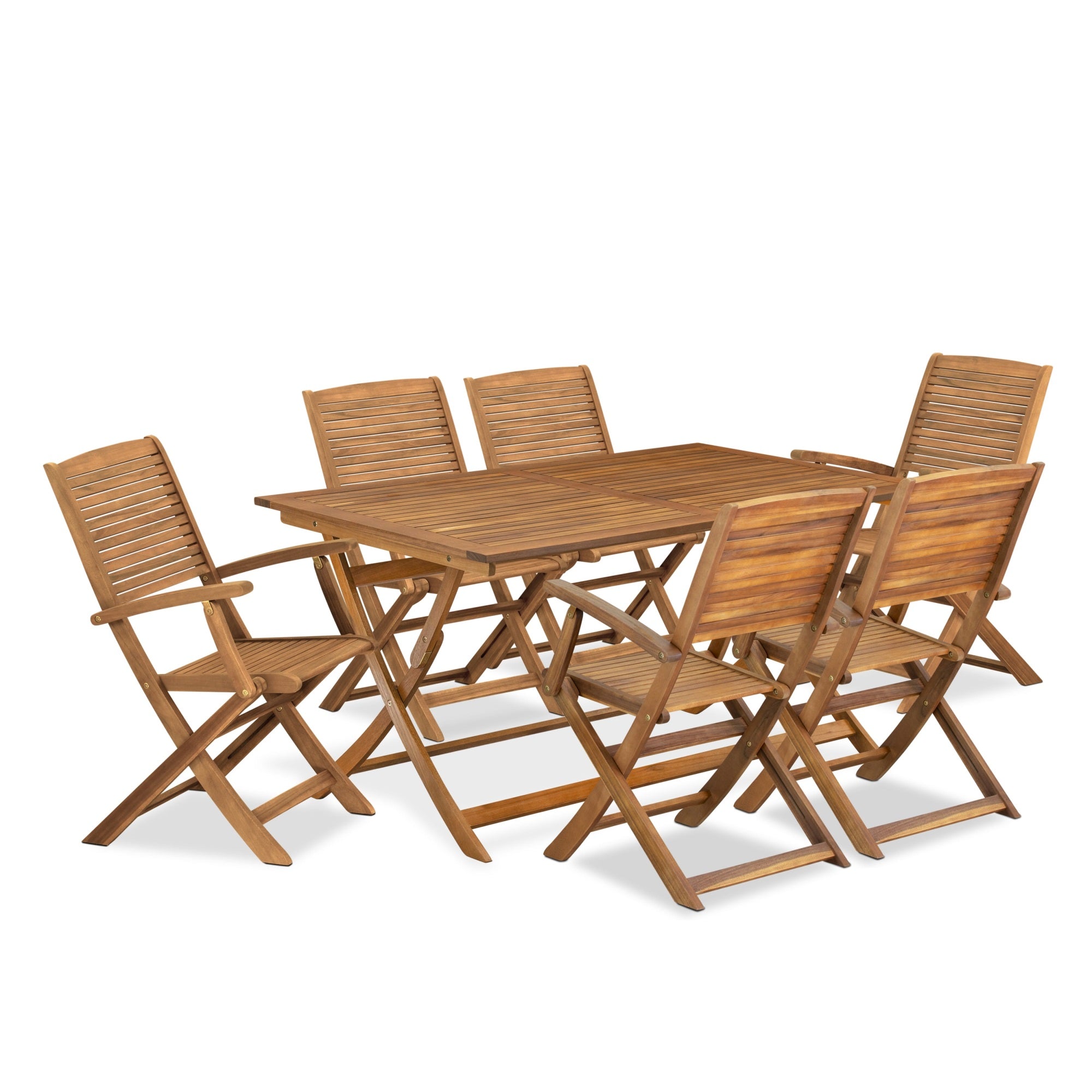 East West Furniture Aehd7Cana 7 Piece Outdoor Patio Dining Sets Consist Of A Rectangle Acacia Wood Table And 6 Folding Arm Chairs, 36X60 Inch, Natural Oil