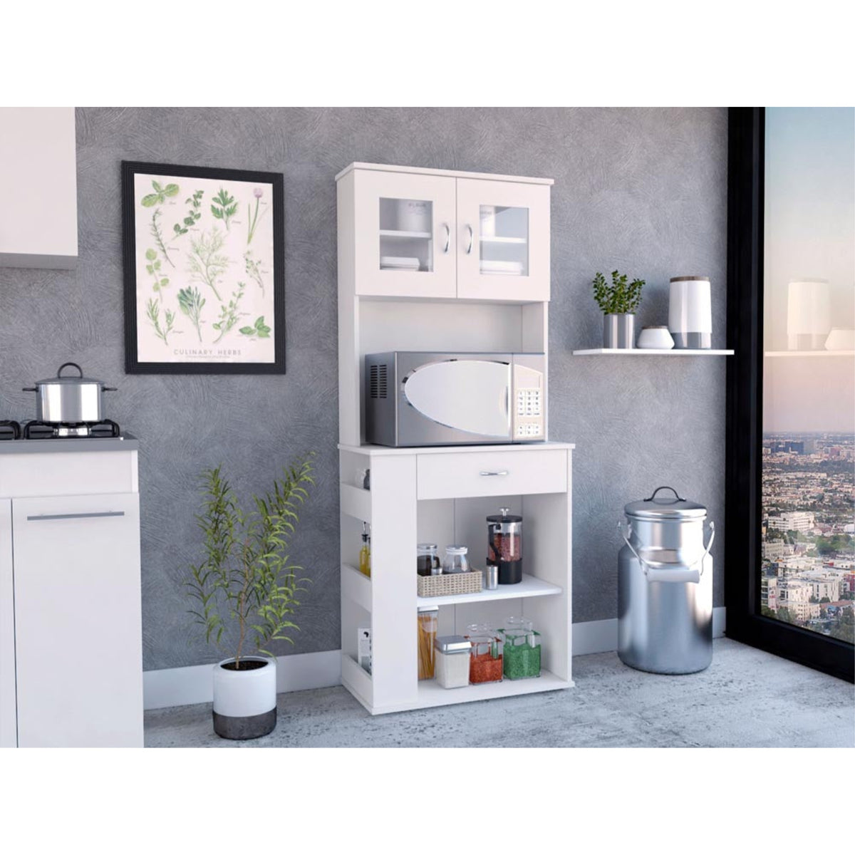 Tuhome Capienza Pantry Cabinet, Two Shelves, Two-Door Cabinet, Countertop For Microwave, One Drawer, Three Lateral Shelves-White