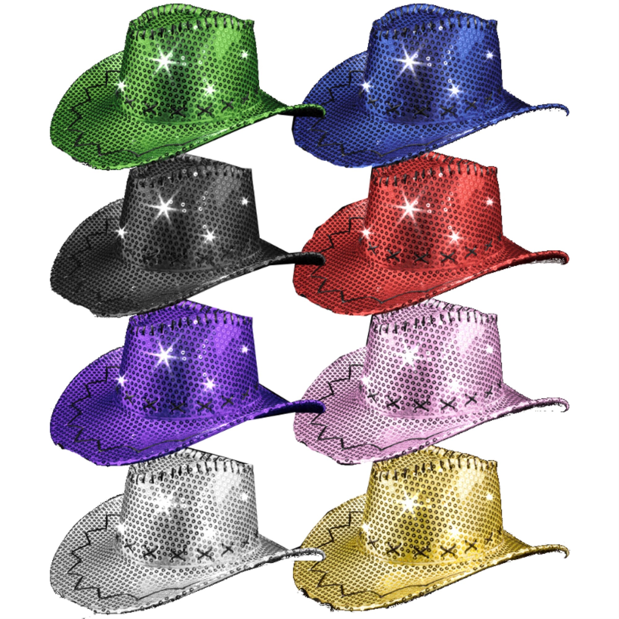 Assorted Light Up Sequin Cowboy Hat with Stitching Pack of 12