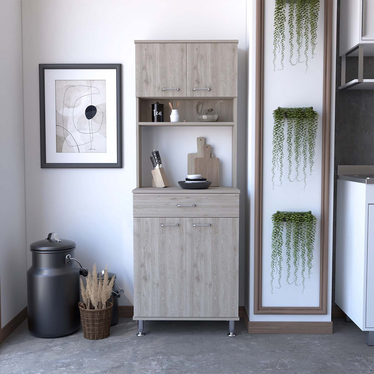Tuhome Della 60 Pantry, Three Shelves, One Drawer, Countertop, Four Legs, Two Double Door Cabinets -Light Grey, For Kitchen Room