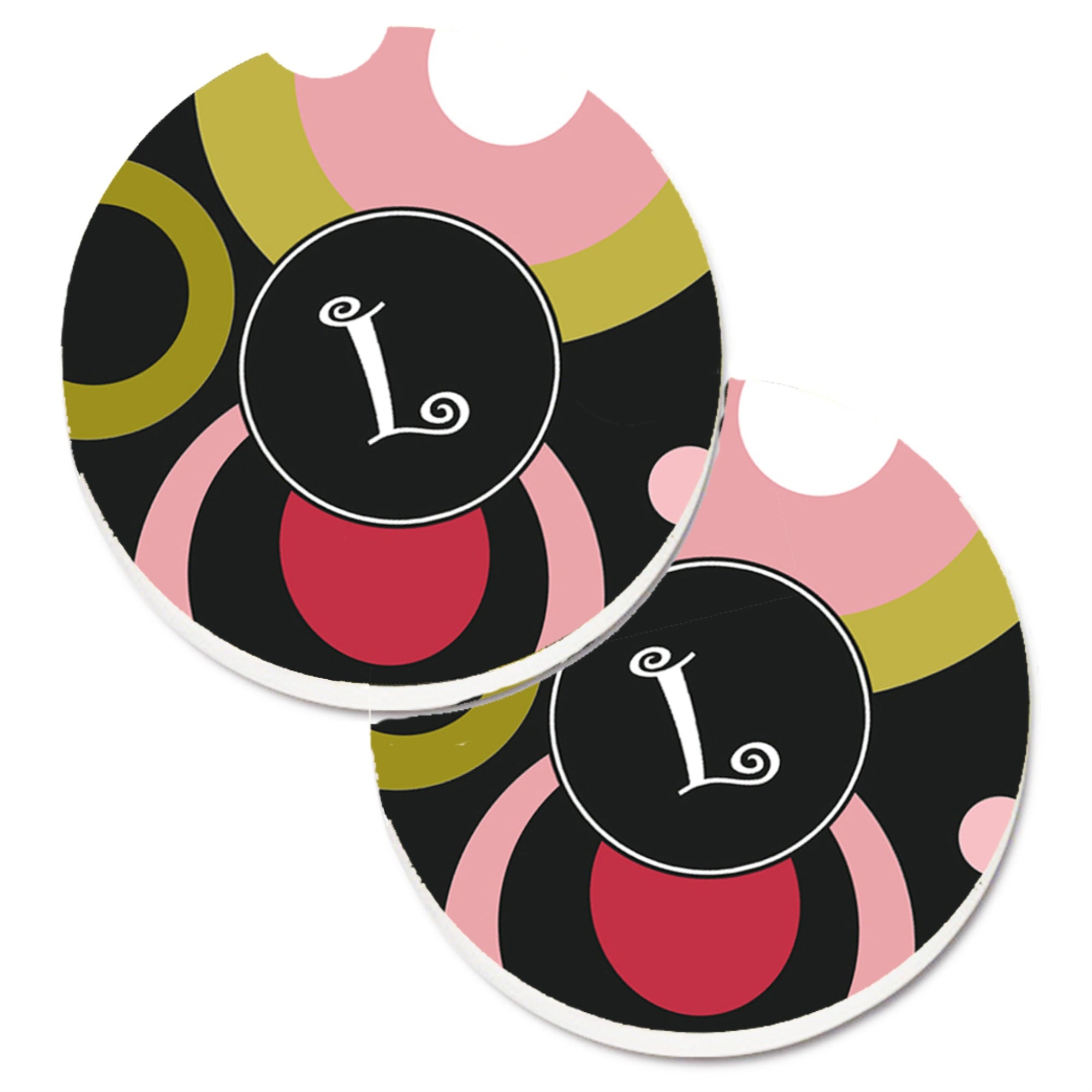 Caroline'S Treasures Letter L Monogram - Retro In Black Set Of 2 Cup Holder Car Coasters Am1001-Lcarc, 2.56, Multicolor
