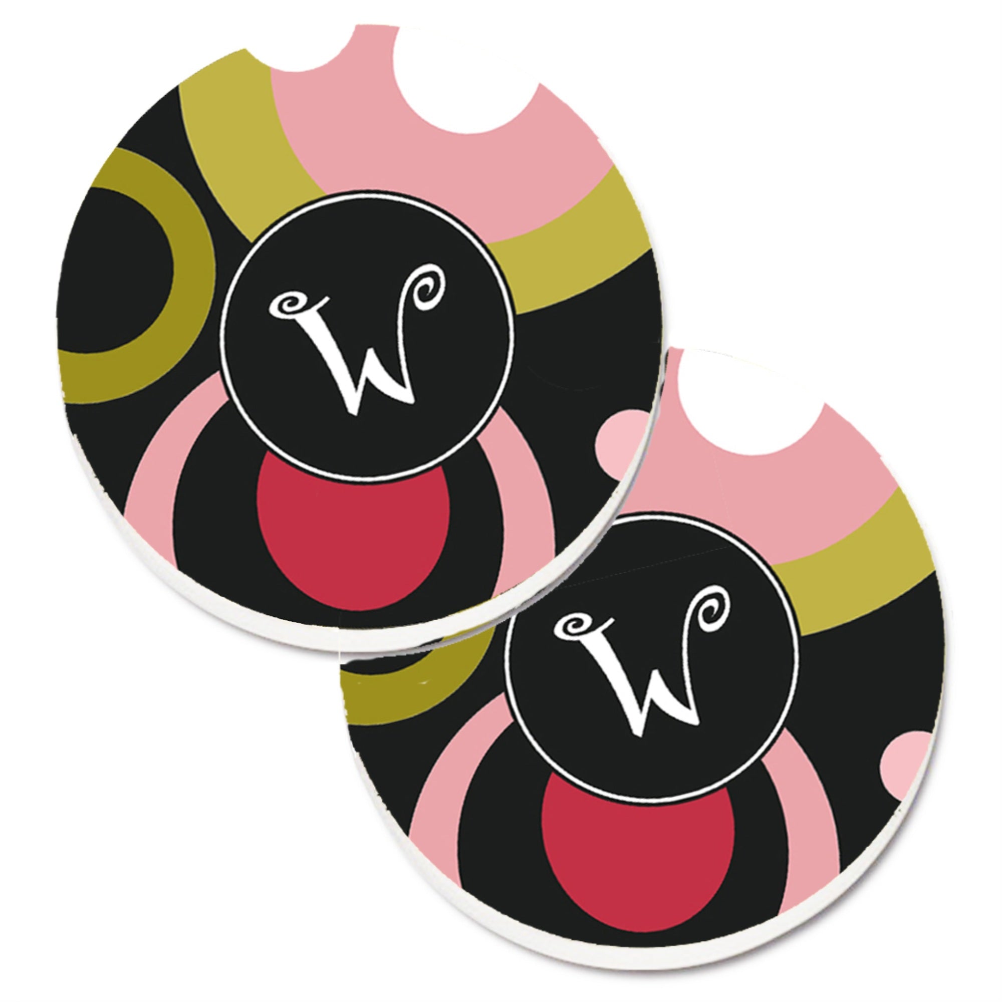 Caroline'S Treasures Letter W Monogram - Retro In Black Set Of 2 Cup Holder Car Coasters Am1001-Wcarc, 2.56, Multicolor