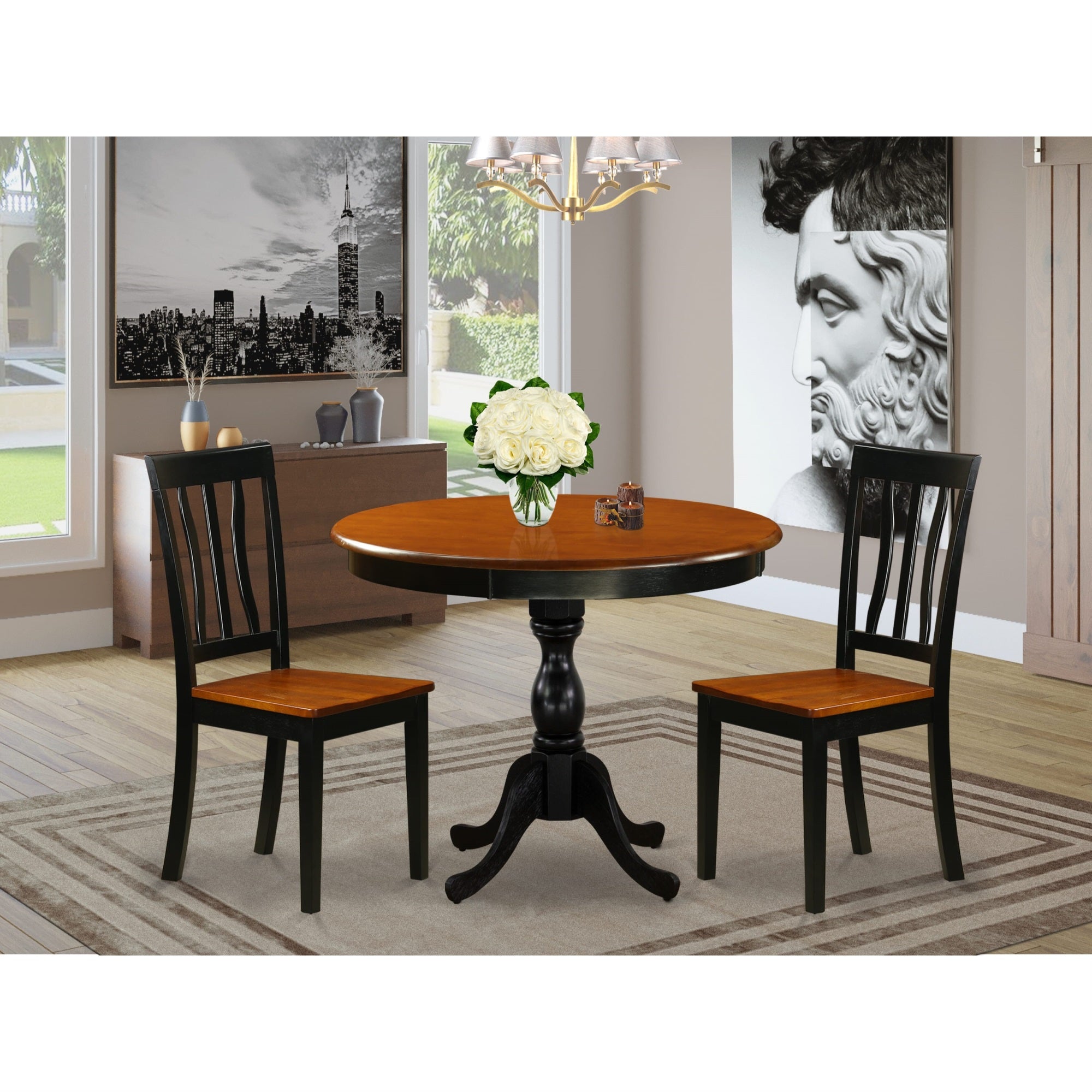 East West Furniture AMAN3-BCH-W 3-Piece Kitchen Table Set Consist of Dining Room Table and 2 Kitchen Chairs with Slatted Back - Black Finish