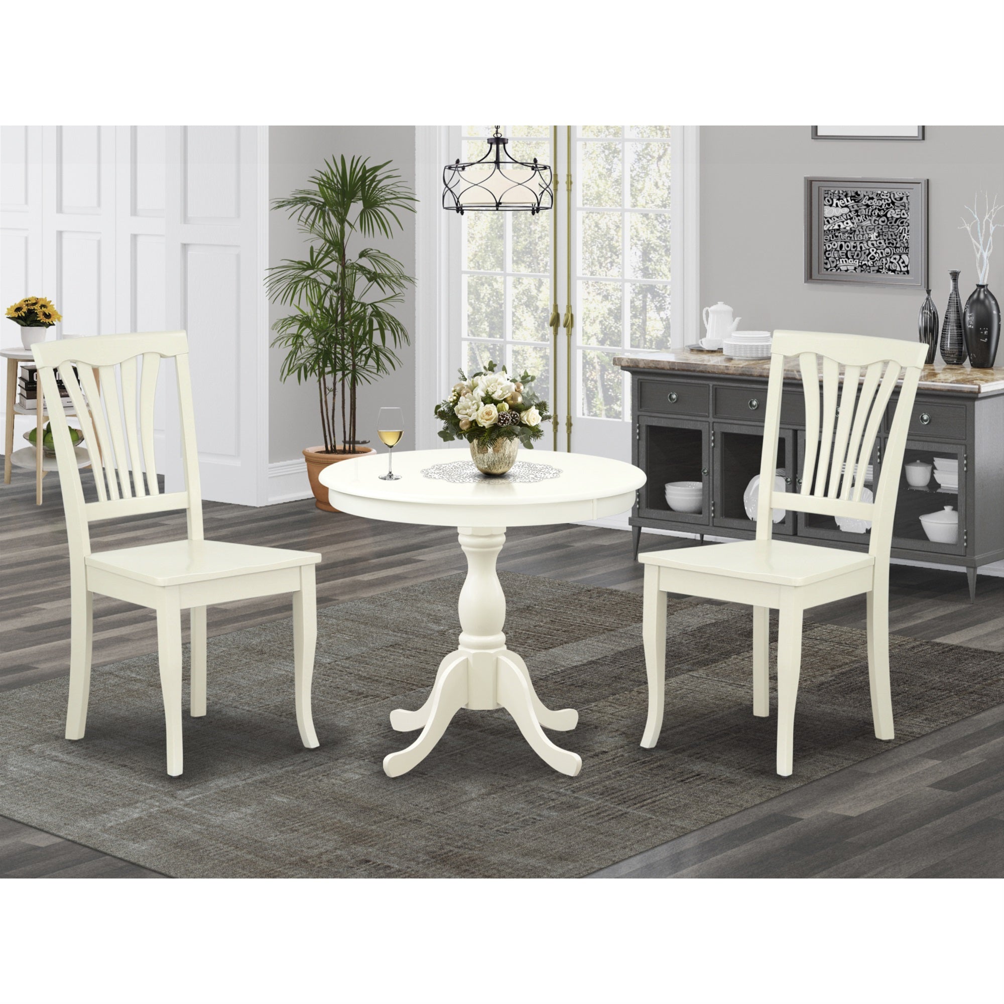 East West Furniture Amav3-Lwh-W 3 Piece Dining Table Set Includes 1 Round Pedestal Dining Table And 2 Linen White Dinning Room Chairs With Slatted Back - Linen White Finish