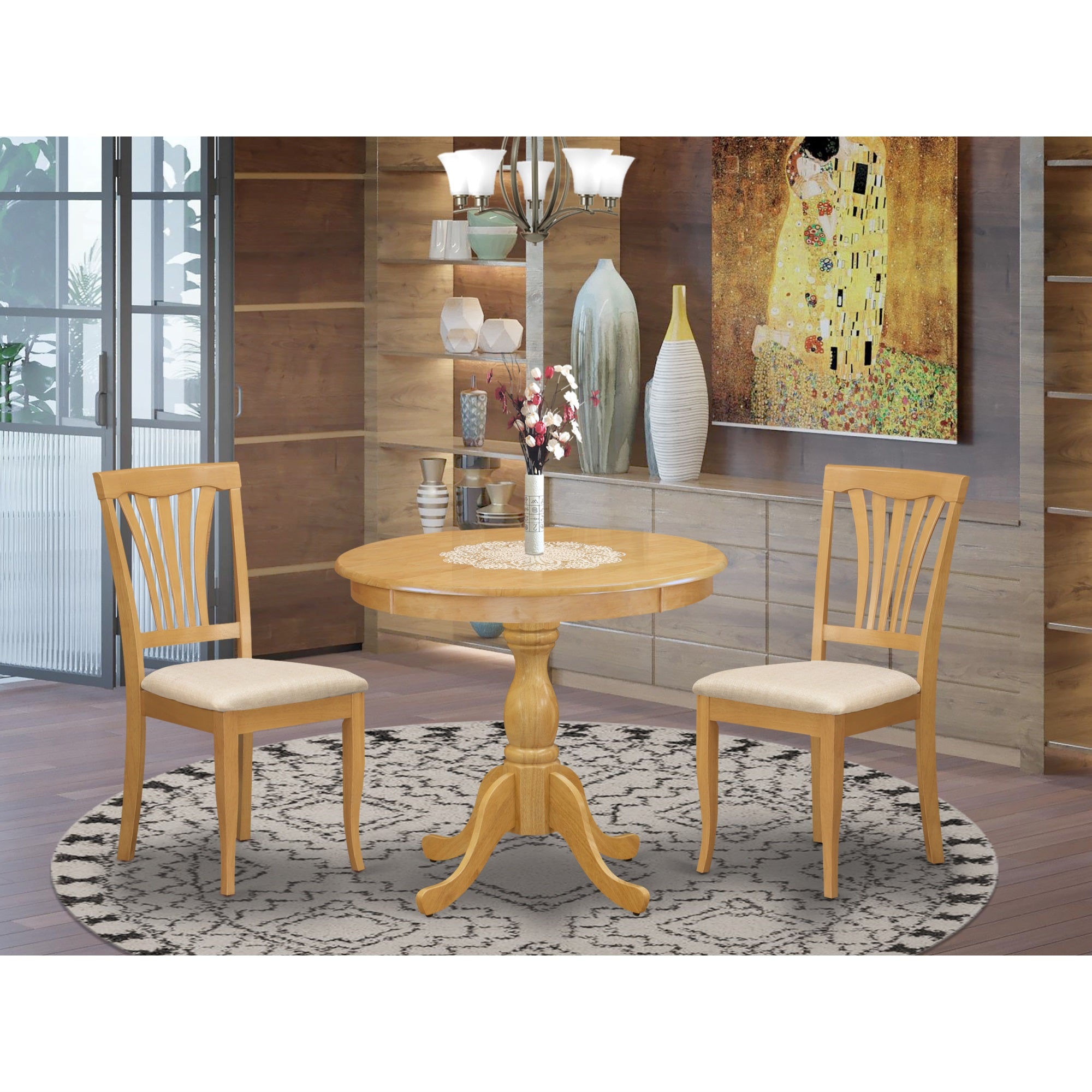 East West Furniture Amav3-Oak-C 3 Piece Dining Room Set Includes 1 Modern Kitchen Table And 2 Oak Linen Fabric Dinning Room Chairs With Slatted Back - Oak Finish
