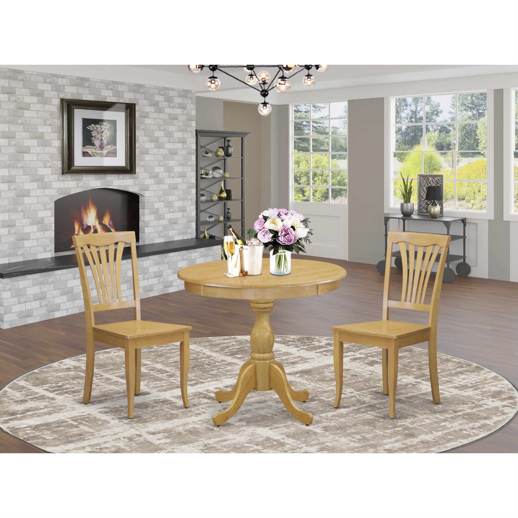 East West Furniture Amav3-Oak-W 3 Piece Dining Room Table Set Contains 1 Pedestal Dining Room Table And 2 Oak Mid Century Dining Chairs With Slatted Back - Oak Finish