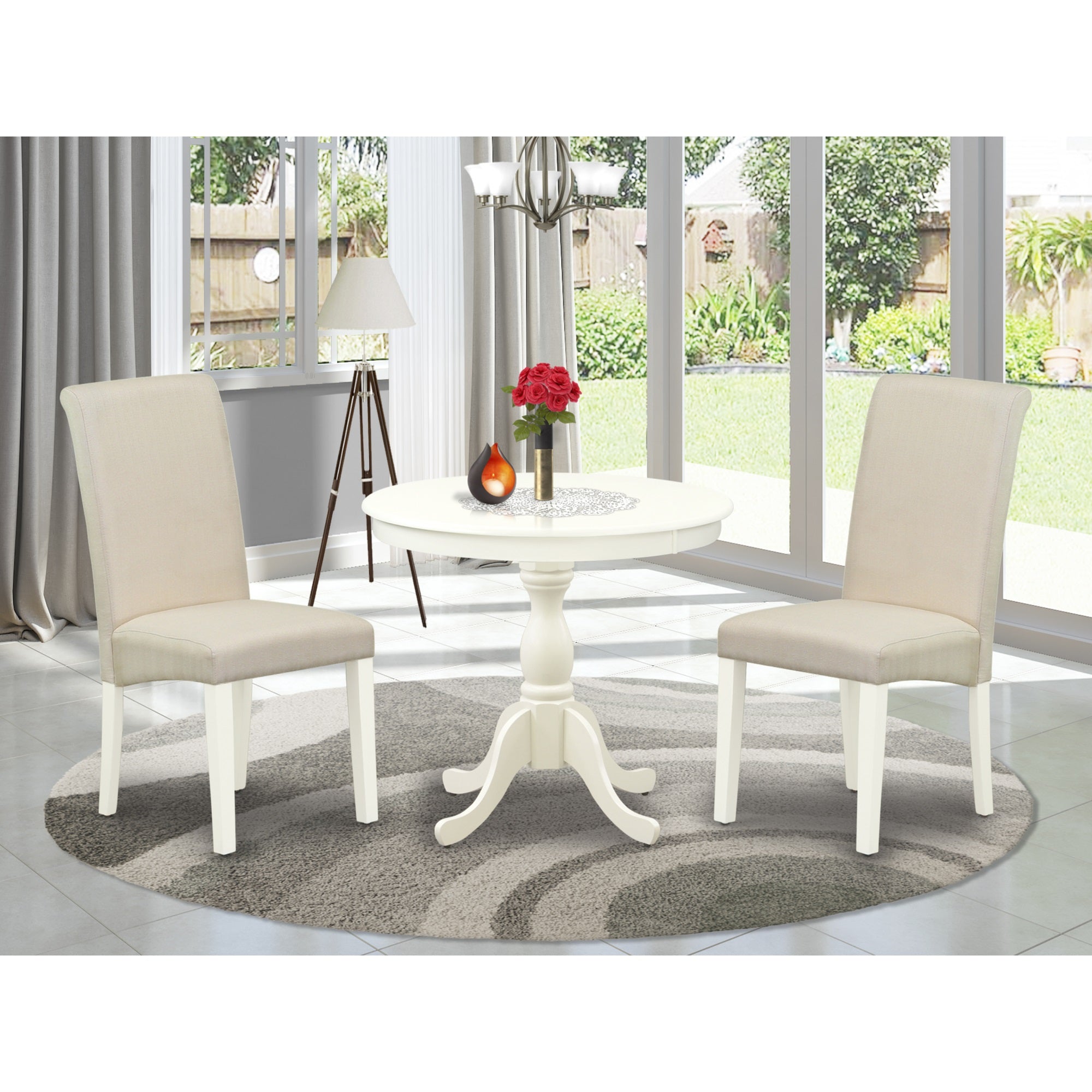 East West Furniture Amba3-Lwh-01 3 Piece Dining Room Set Includes 1 Pedestal Table And 2 Cream Linen Fabric Kitchen Chairs With High Back - Linen White Finish