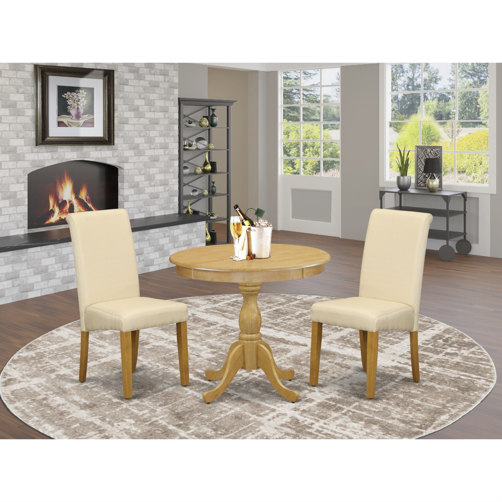 East West Furniture Amba3-Oak-02 3 Piece Dining Set Includes 1 Pedestal Dining Table And 2 Light Beige Linen Fabric Dinning Room Chairs With High Back - Oak Finish
