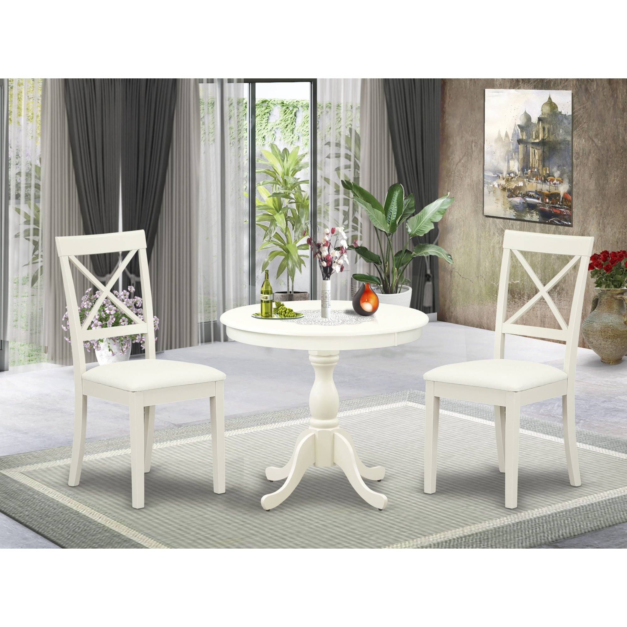 East West Furniture Ambo3-Lwh-C 3 Piece Dining Room Set Consists Of 1 Round Pedestal Dining Table And 2 Linen White Faux Leather Dining Room Chairs With X-Back - Linen White Finish