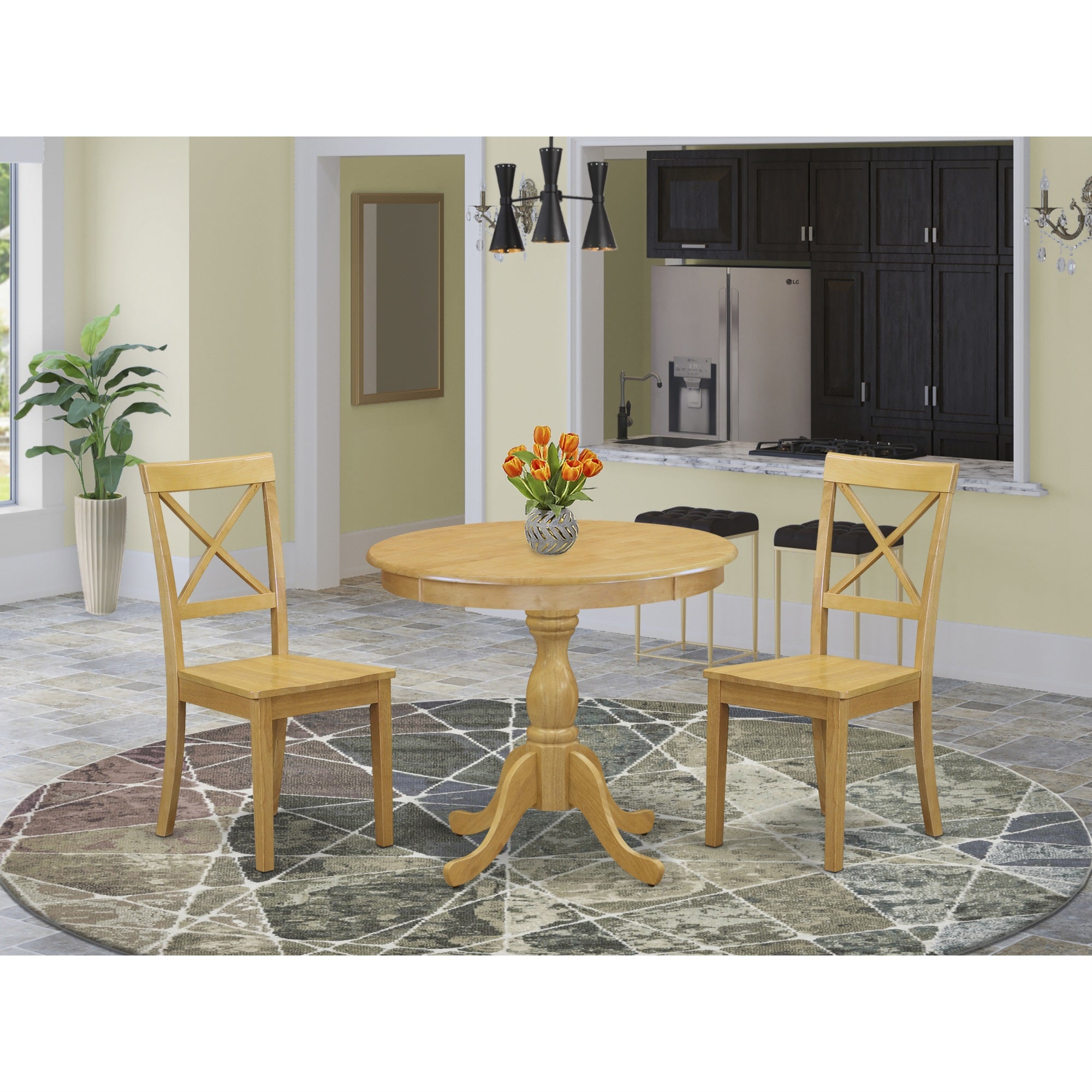 East West Furniture Ambo3-Oak-W 3 Piece Wood Dining Table Set Includes 1 Wooden Dining Table And 2 Oak Wood Dining Chairs With X-Back - Oak Finish