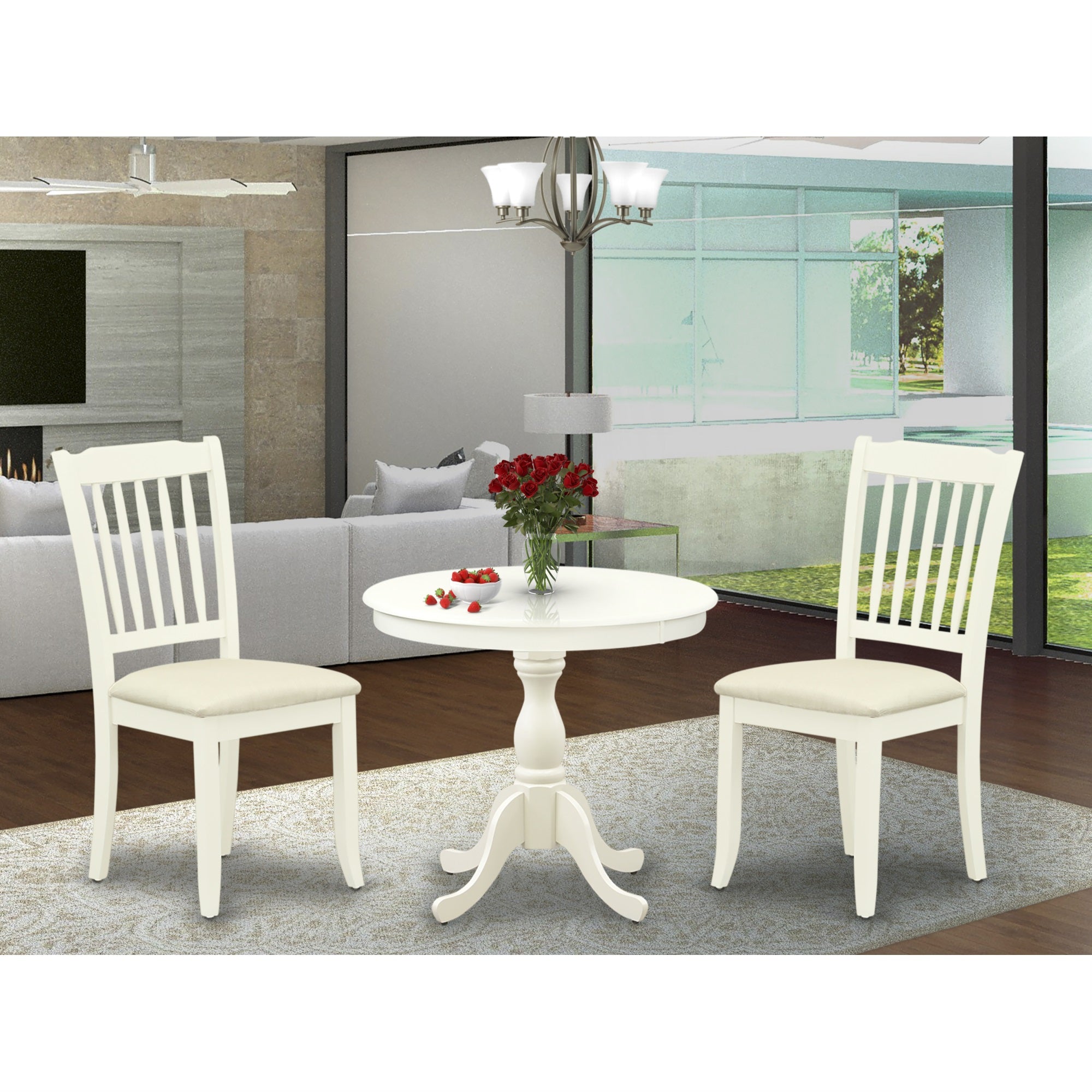 East West Furniture Amda3-Lwh-C 3 Piece Dining Room Set Consists Of 1 Round Pedestal Dining Table And 2 Linen White Dining Room Chairs With Slatted Back - Linen White Finish
