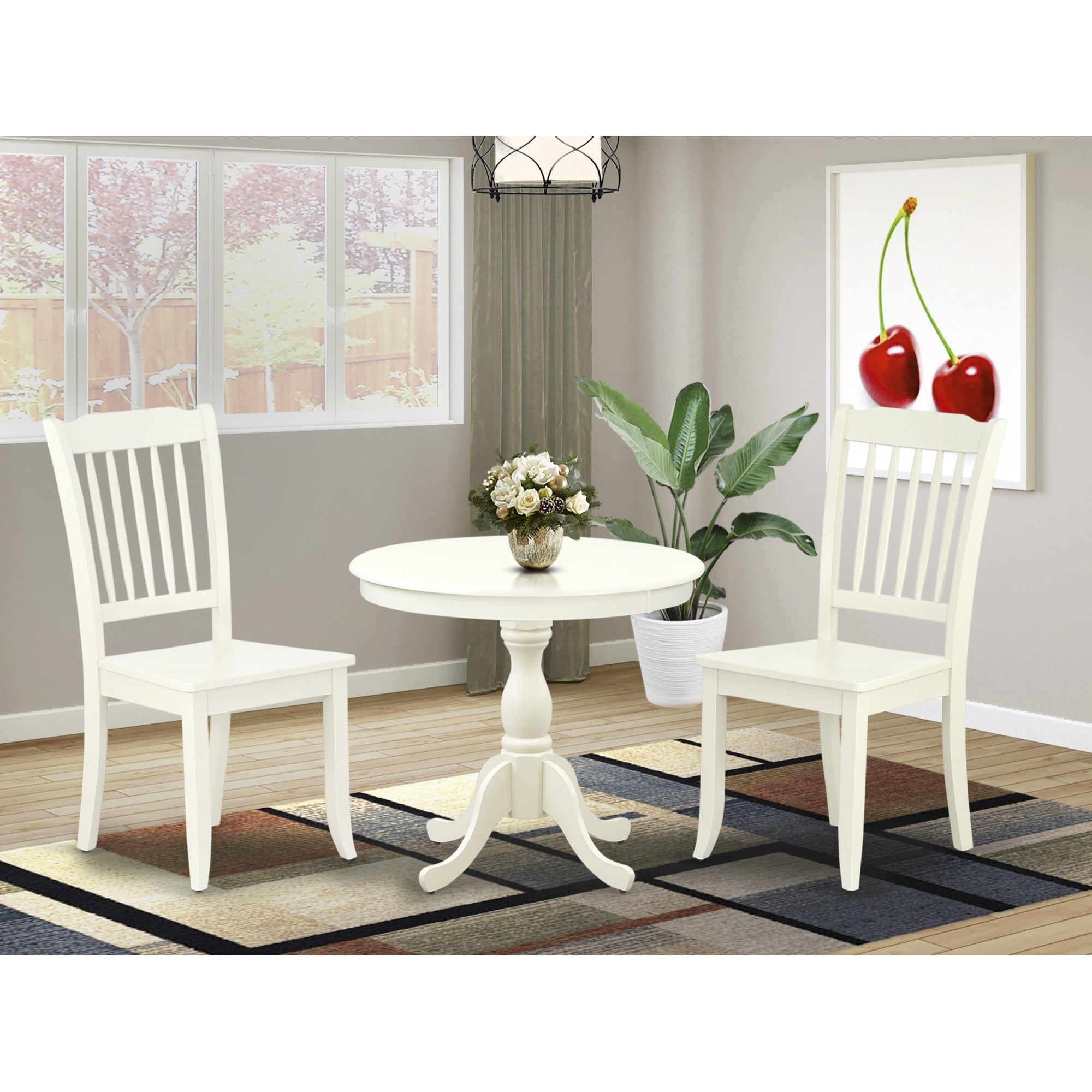 East West Furniture Amda3-Lwh-W 3 Piece Dining Room Set Includes 1 Modern Dining Room Table And 2 Linen White Mid Century Chair With Slatted Back - Linen White Finish