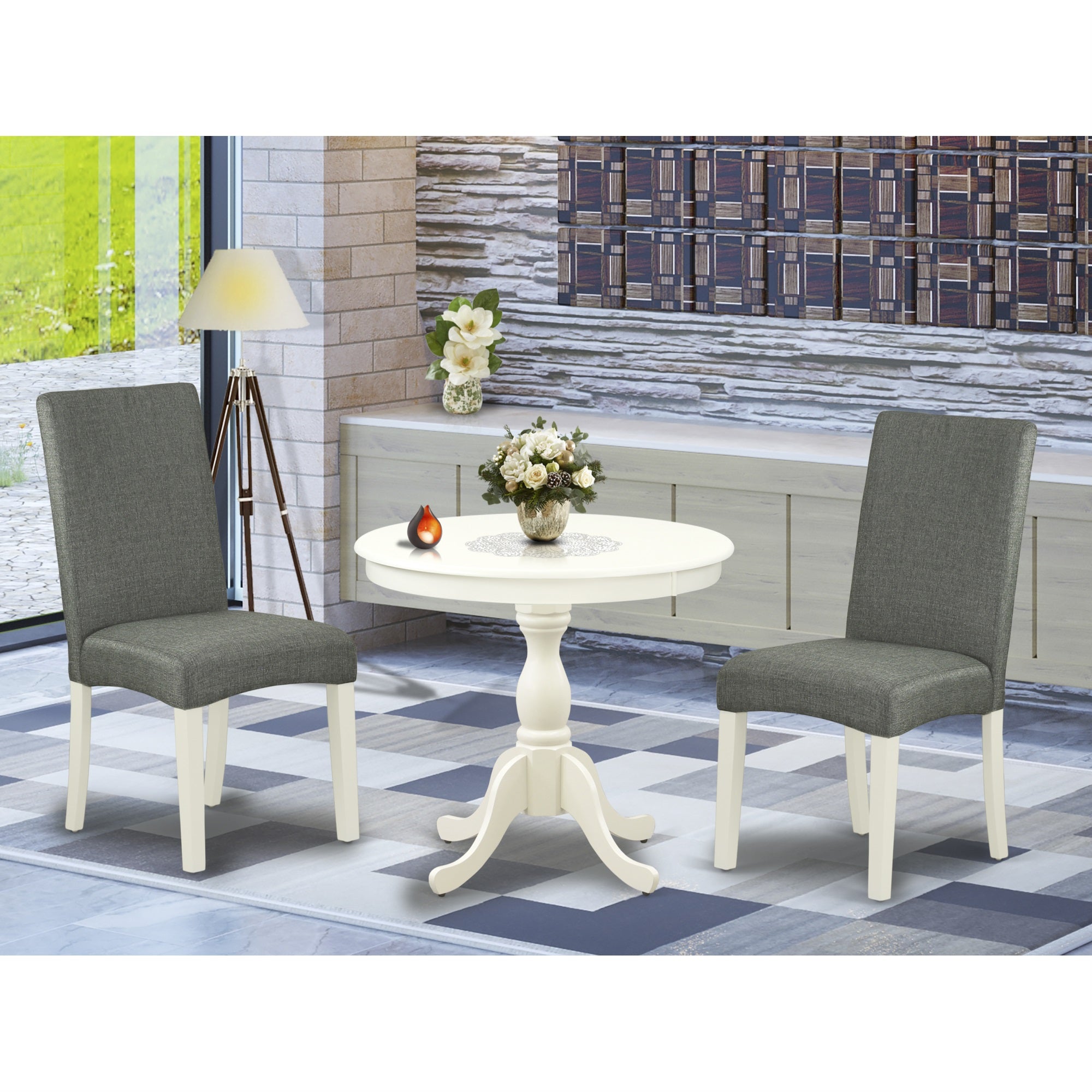 East West Furniture Amdr3-Lwh-07 3 Piece Kitchen Table Set Consists Of 1 Modern Dining Table And 2 Grey Linen Fabric Dining Chairs With High Back - Linen White Finish