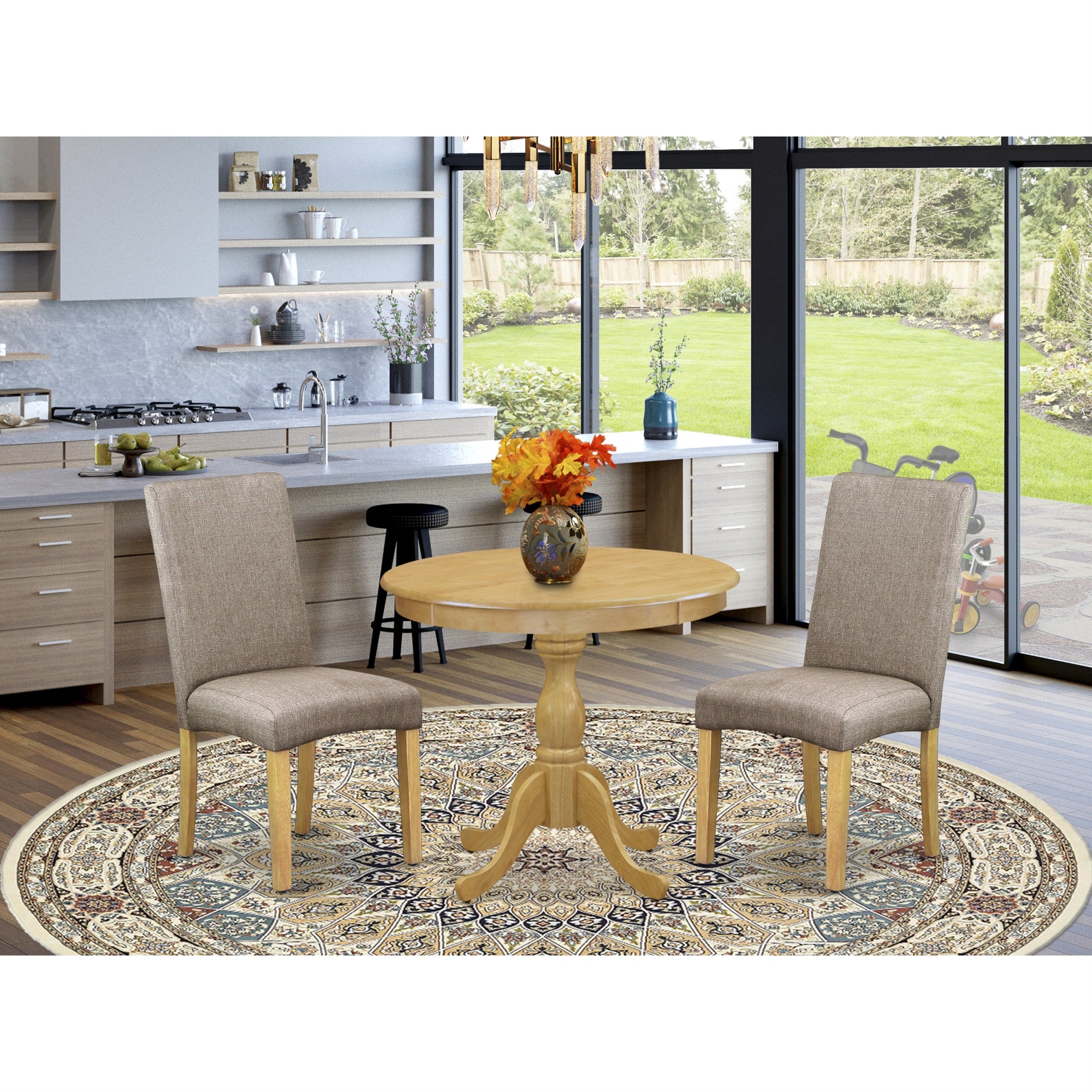 East West Furniture Amdr3-Oak-16 3 Piece Wood Dining Table Set Consists Of 1 Round Pedestal Dining Table And 2 Dark Khaki Linen Fabric Parson Dining Chairs With High Back - Oak Finish