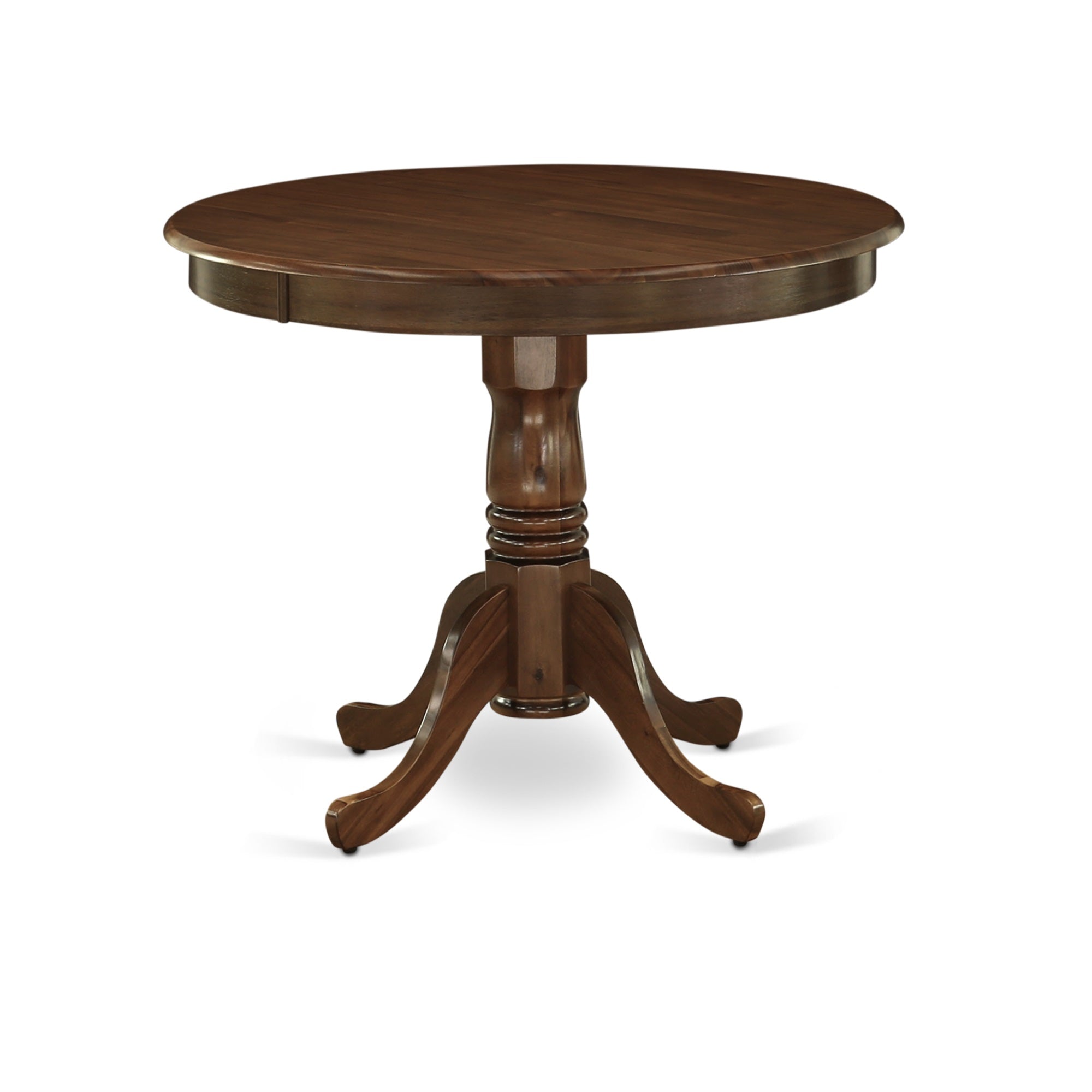 East West Furniture Amel3-Awa-05 3 Piece Dinette Set Consists Of 1 Pedestal Table And 2 Grey Linen Fabric Kitchen Chair Button Tufted Back With Nail Heads - Acacia Walnut Finish