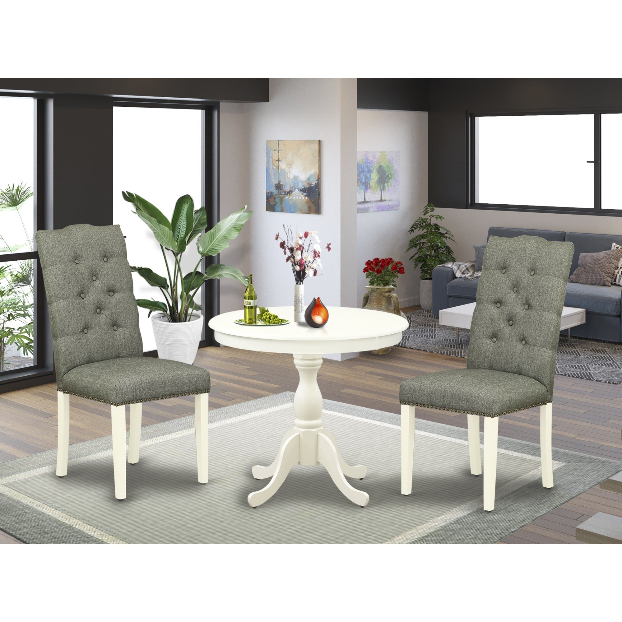 East West Furniture Amel3-Lwh-07 3 Piece Dining Set Consists Of 1 Round Pedestal Table And 2 Smoke Linen Fabric Dining Room Chairs Button Tufted Back With Nail Heads - Linen White Finish