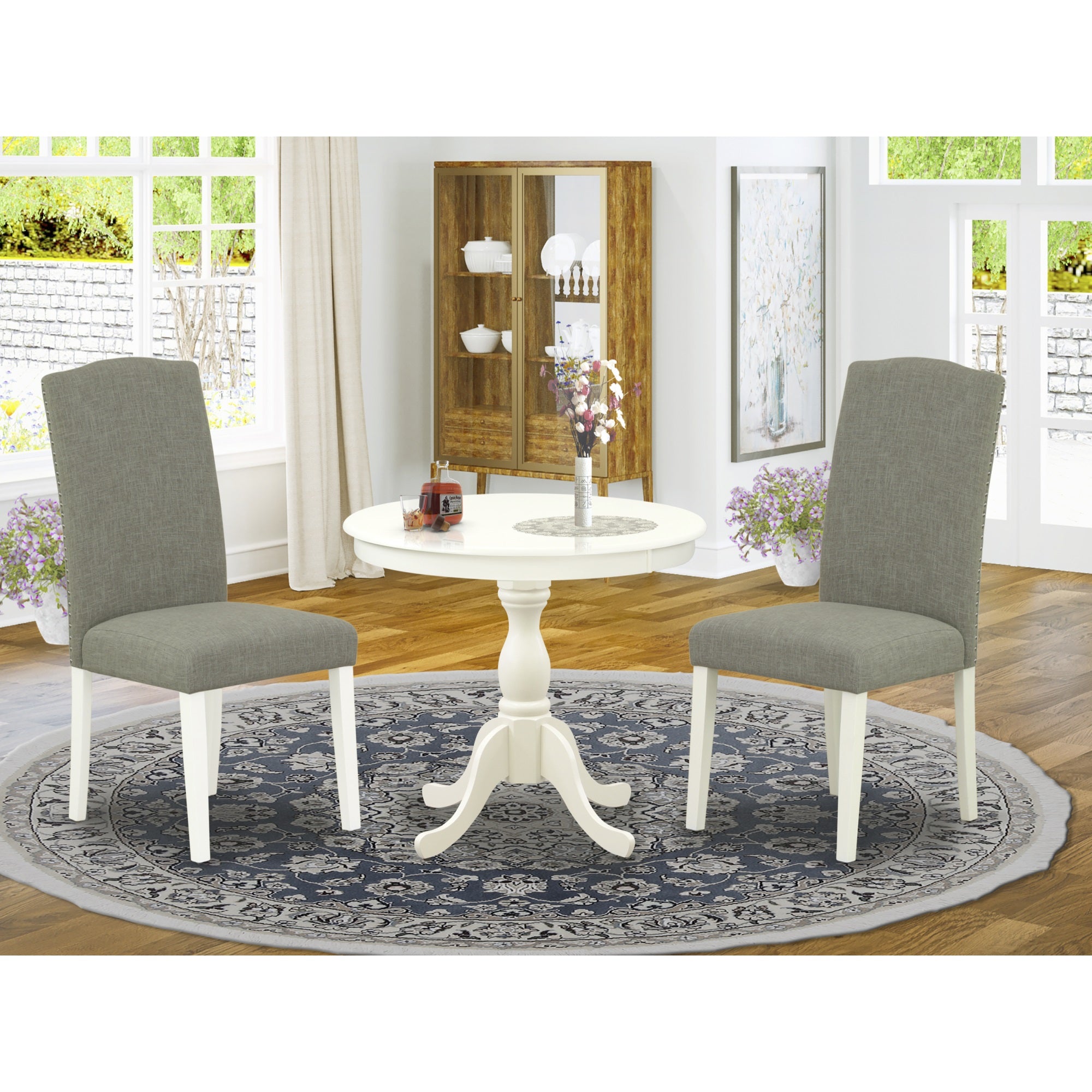 East West Furniture Amen3-Lwh-06 3 Piece Dining Set Consists Of 1 Pedestal Dining Table And 2 Dark Shitake Linen Fabric Dining Room Chair High Back With Nail Heads - Linen White Finish