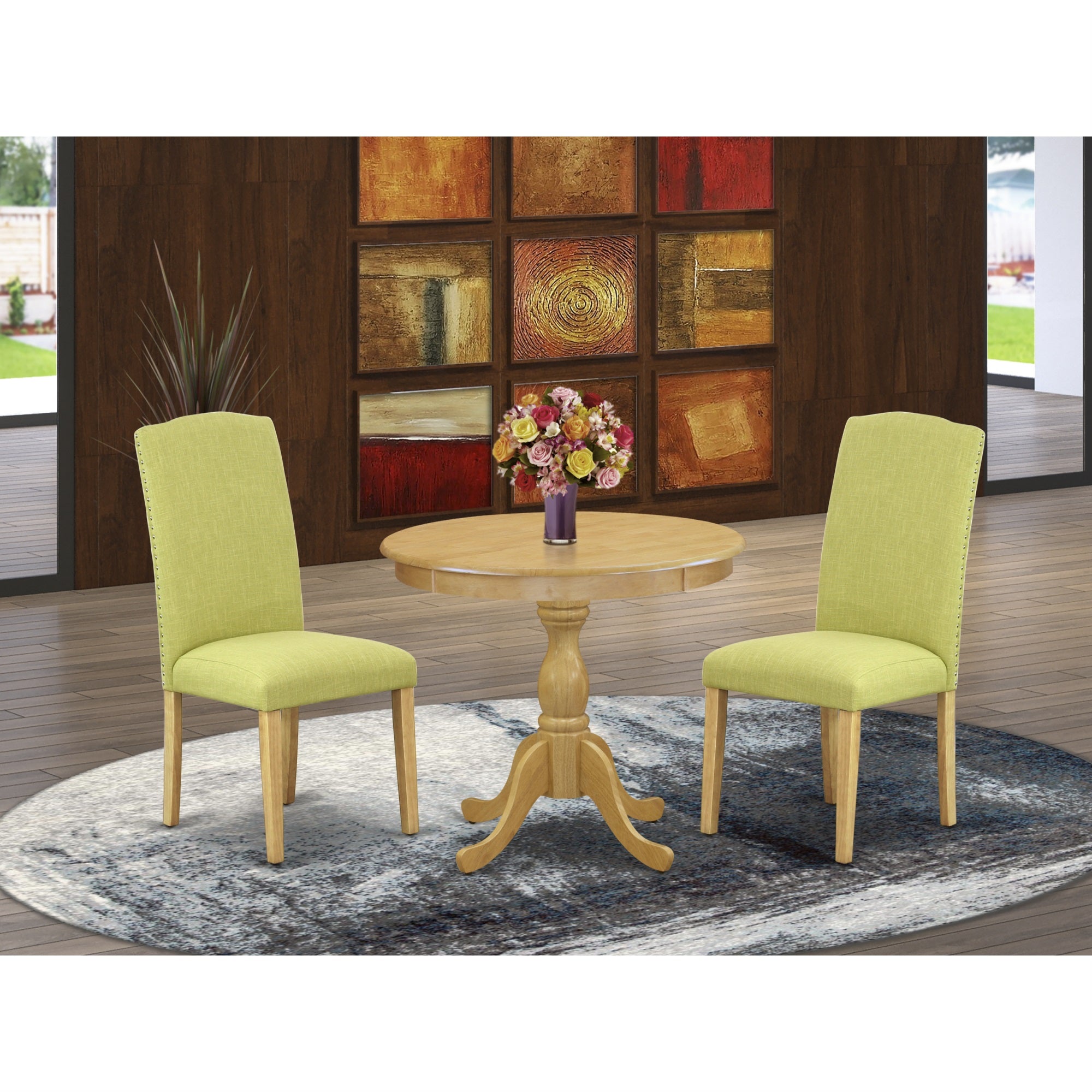 East West Furniture Amen3-Oak-07 3 Piece Dinette Sets Includes 1 Dining Table And 2 Limelight Linen Fabric Upholstered Dining Chairs High Back With Nail Heads- Oak Finish