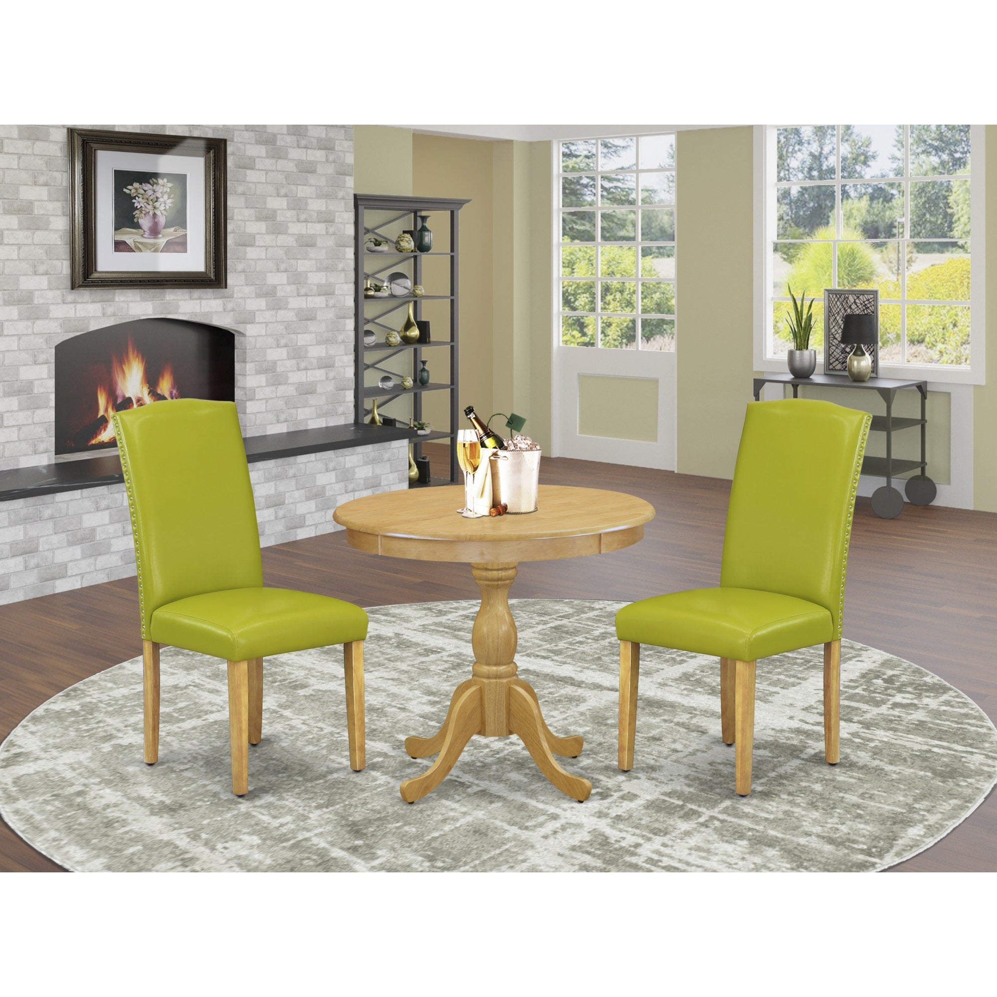 East West Furniture Amen3-Oak-51 3 Piece Wooden Dining Table Set Contains 1 Round Pedestal Table And 2 Autumn Green Pu Leather Parsons Chair High Back With Nail Heads - Oak Finish