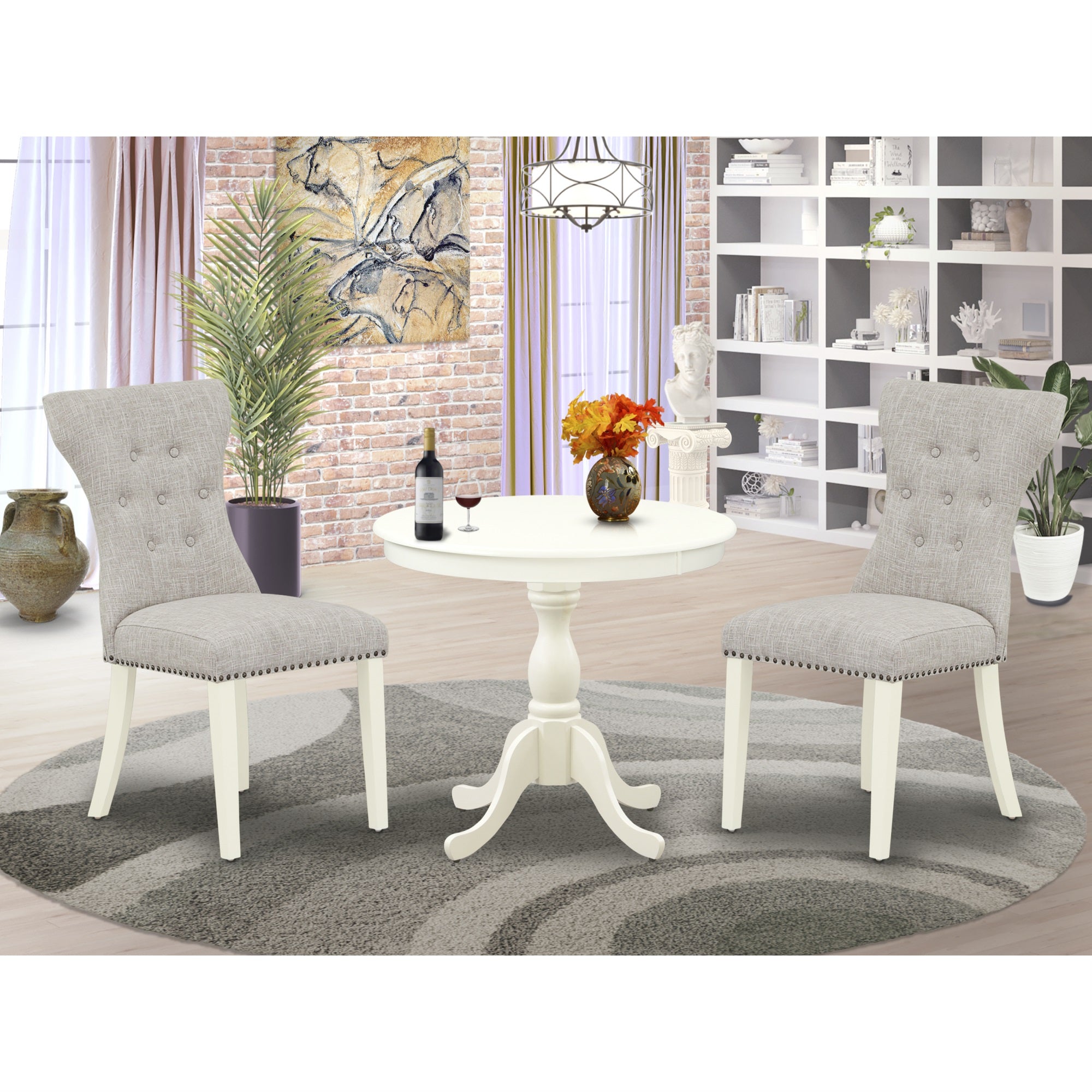 East West Furniture Amga3-Lwh-35 3 Piece Wood Dining Table Set Includes 1 Dining Table And 2 Doeskin Linen Fabric Upholstered Chair Button Tufted Back With Nail Heads - Linen White Finish