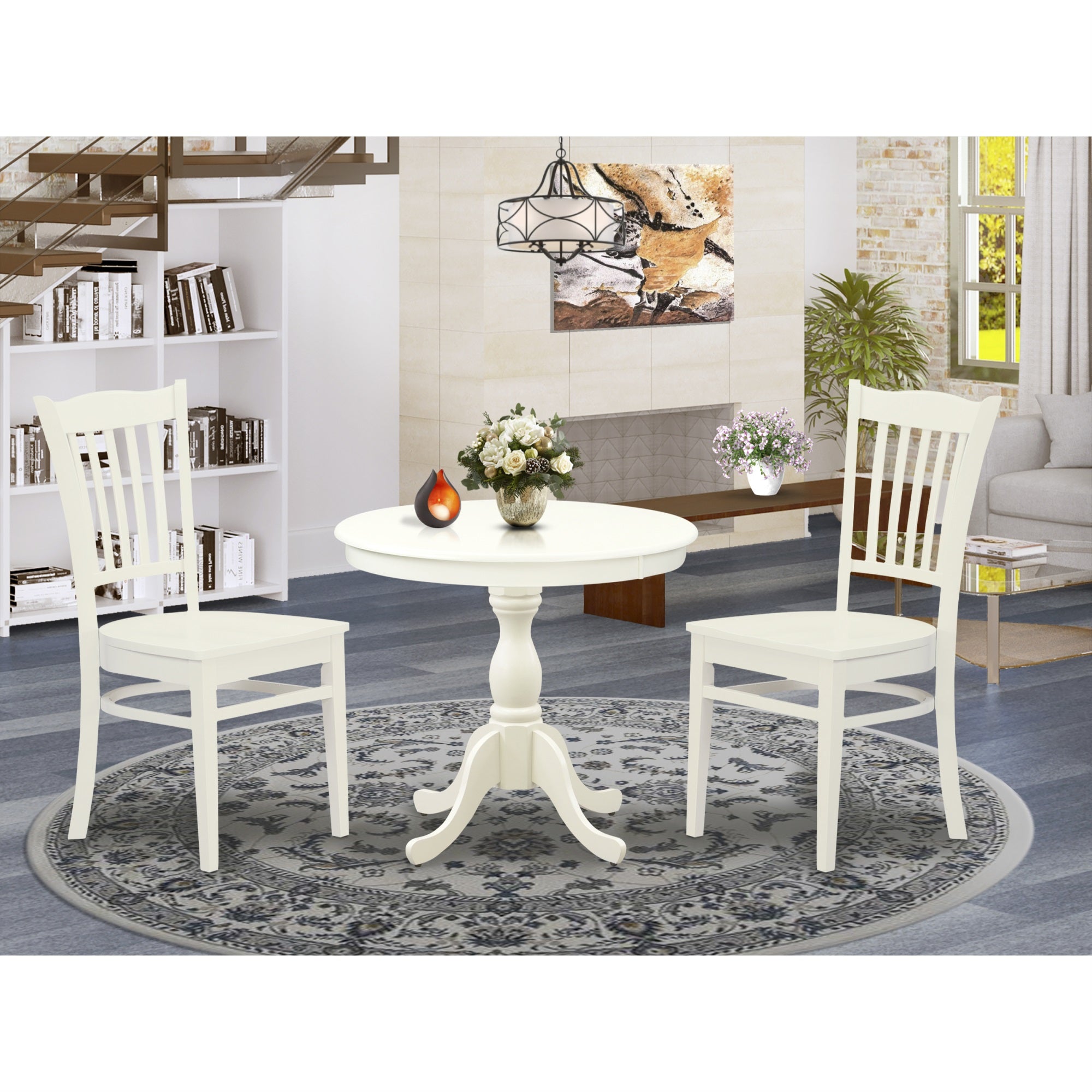 East West Furniture Amgr3-Lwh-W 3 Piece Wooden Dining Table Set Consists Of 1 Round Pedestal Table And 2 Linen White Kitchen Chairs With Slatted Back - Linen White Finish